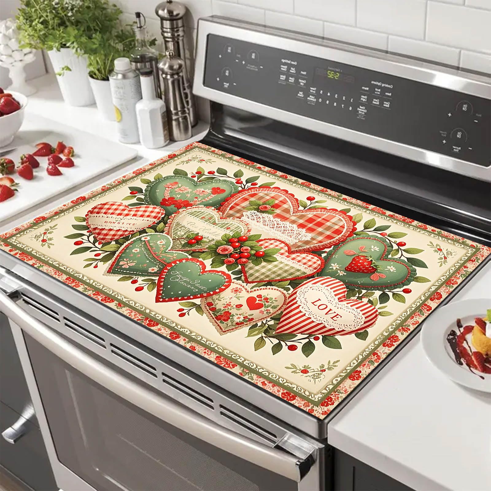 HOMETITUTE Patchwork Heart Stove Top Covers for Electric Stove 28x20 Inches Decorative Glass Cooktop Pad Heat Resistant Stovetop Cover Kitchen Countertop Mat for Sinks and Worktops