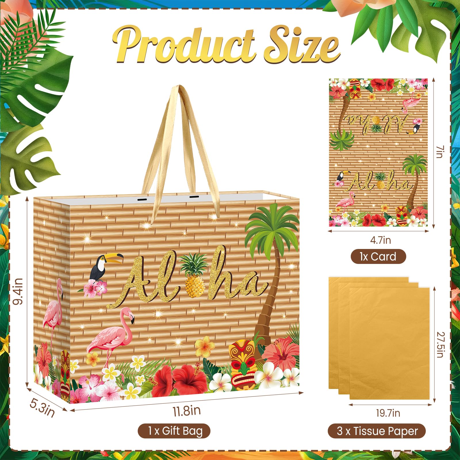 Hawaiian Gift Bag Luau Tiki Party Decorations Wood grain Hawaiian Gift Bag with Tissue Paper and Card Flamingo Beach Wrapping Bags for Tropical Summer Beach Pool Birthday Party Decorations