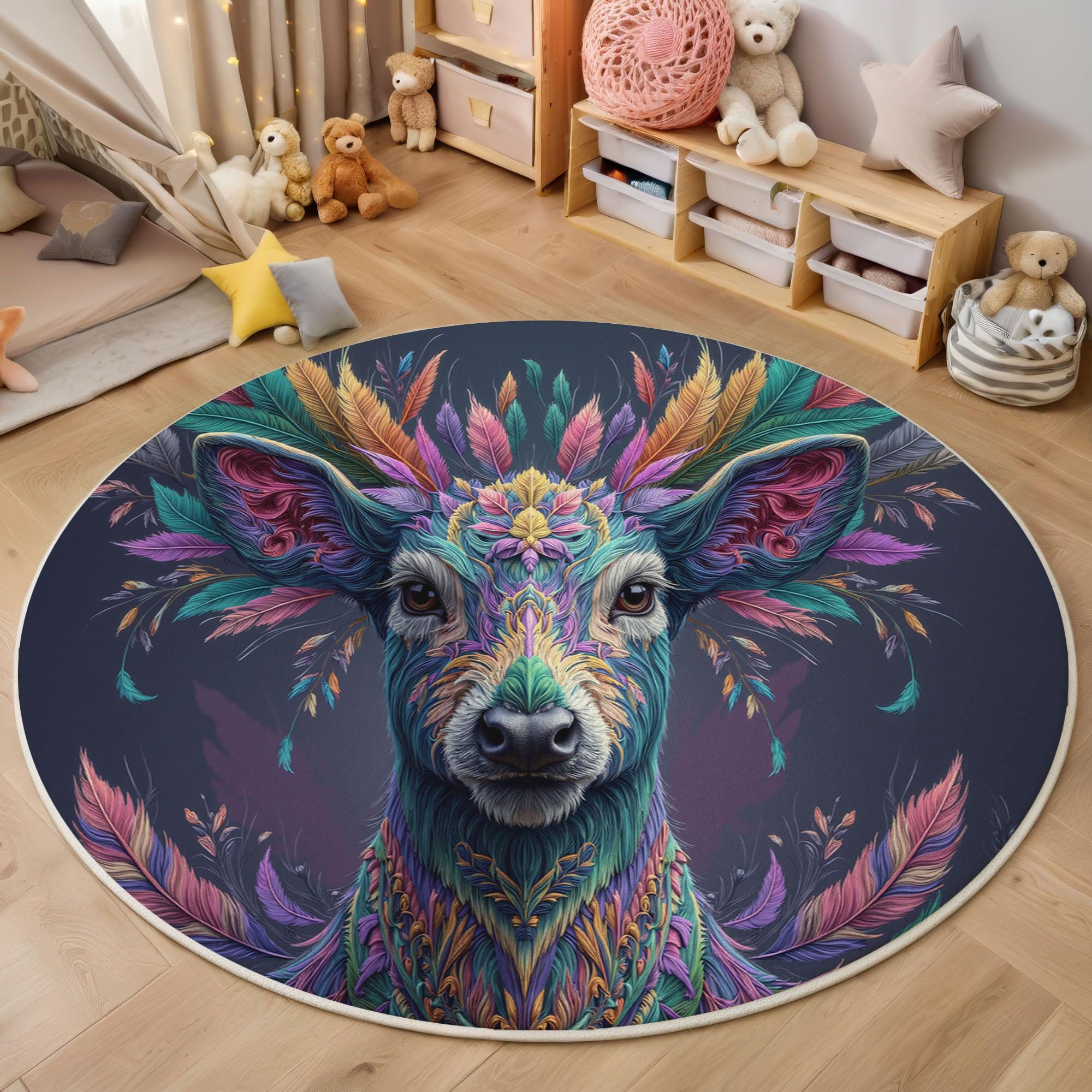 Tapis rond 80cm pour salon violet lavable poil court style bohême