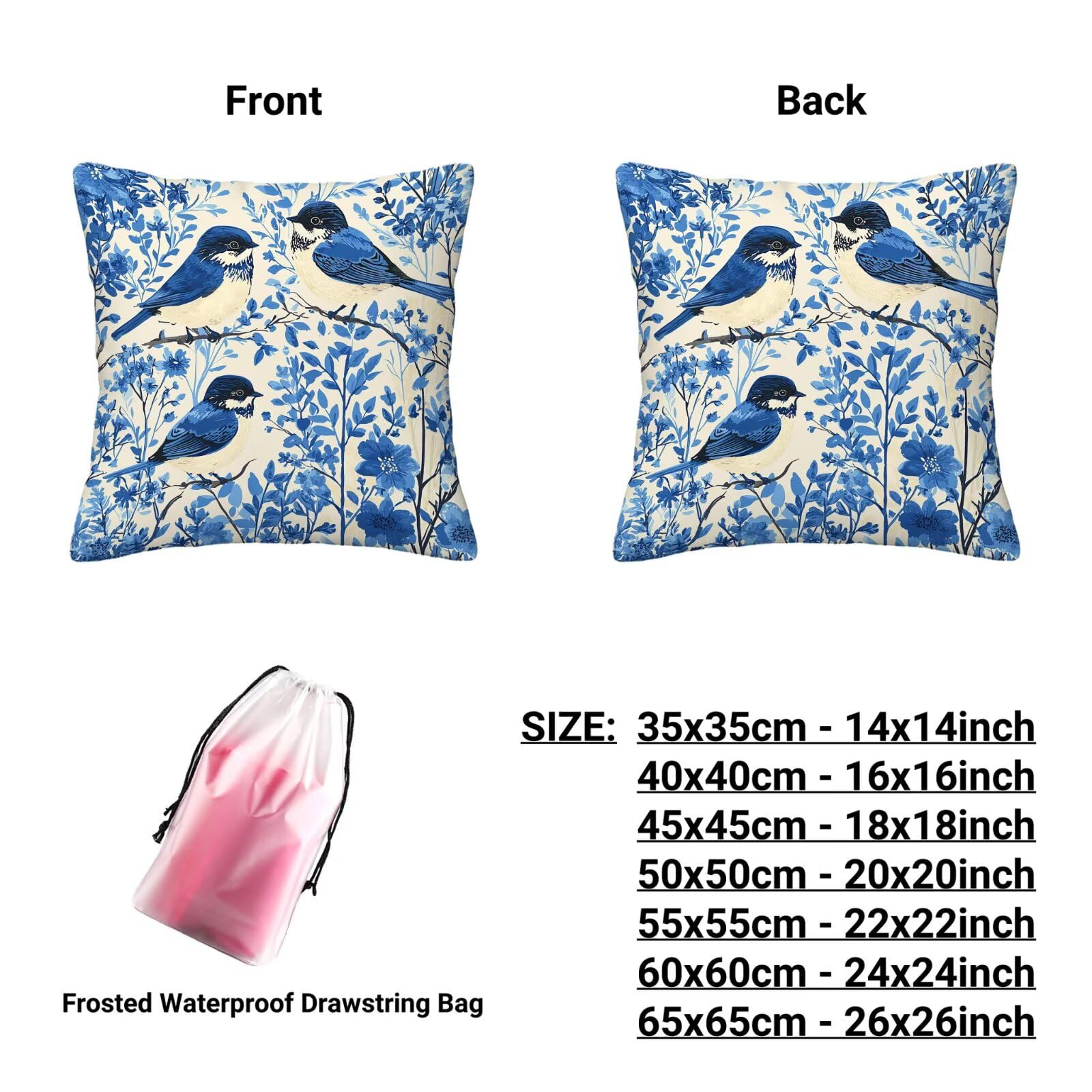 Juego de 4 Funda de Cojín Exterior Impermeable, 55x55 cm Fundas Cojínes Pájaro de Lino, Exterior Impermeable Lino Cojín Azules Decorativo, Fundas de Almohada para Patio Balcón Jardín Sofá Oficina U-69