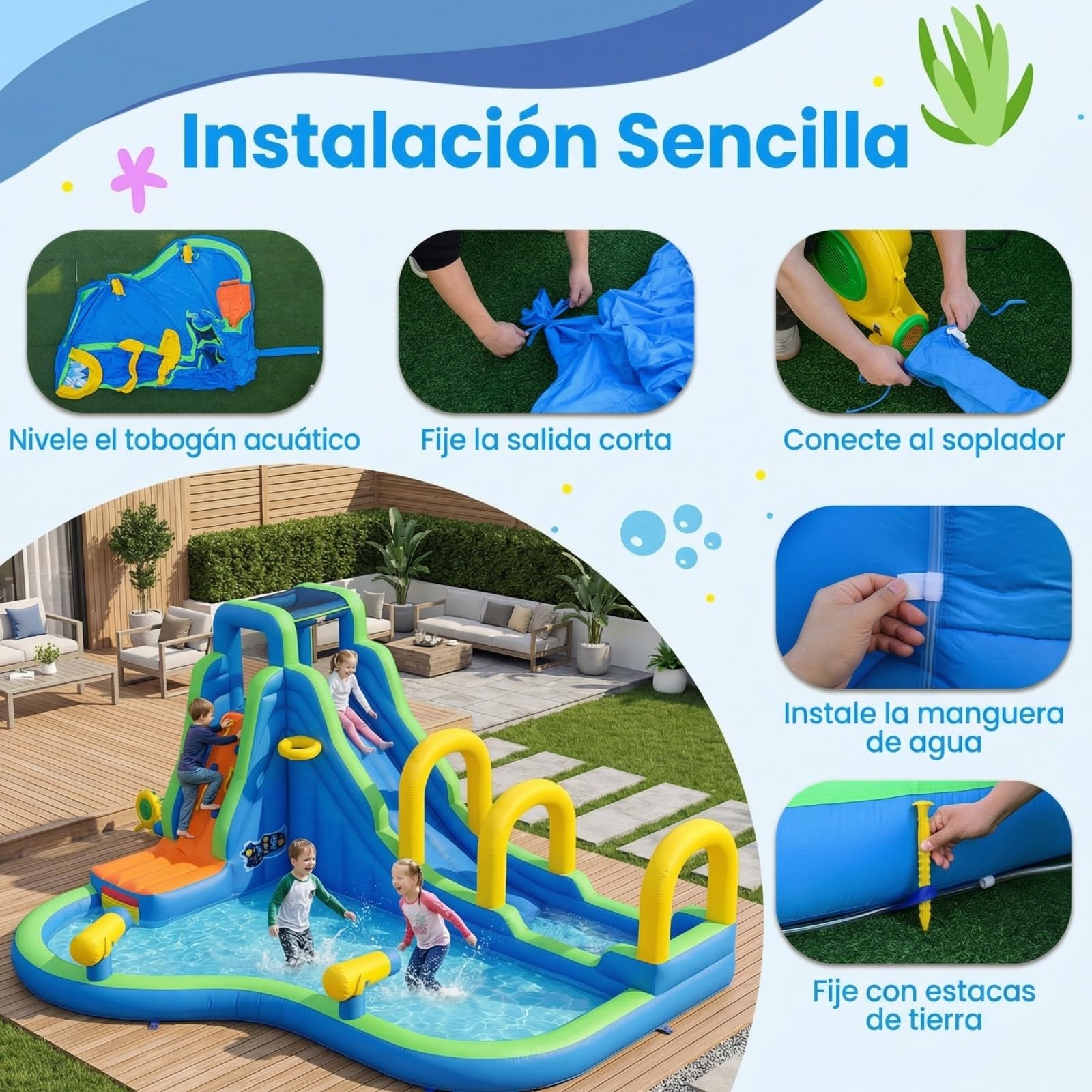 COSTWAY Castillo Hinchable para Niños con Tobogán Acuático, 465 x 345 x 242 Castillo Inflable, Colchoneta Hinchable Niños de 3-12 años (con soplador de 850W)
