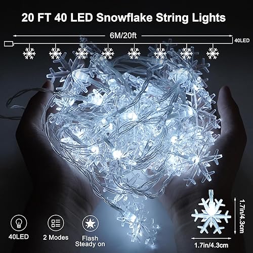 Miniatura 3 de Guirnalda de luces de copo de nieve de Navidad, 20 pies, 40 LED, funciona con pilas, impermeable, para interiores y exteriores, para dormitorio,