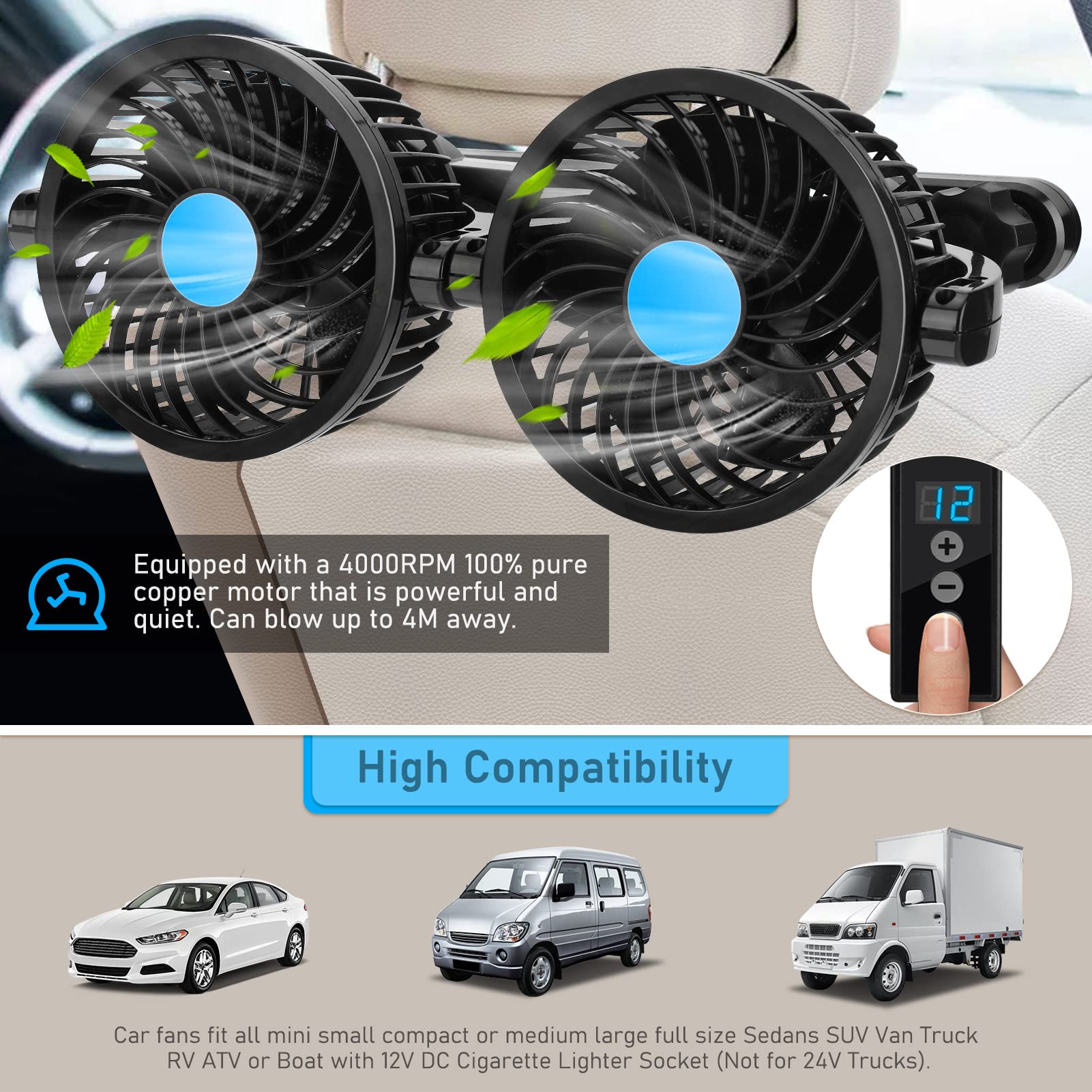 Ventilatore Auto 12V Ventola di Raffreddamento per Auto Ventola per Sedile Posteriore Elettrico a Doppia Testa da 4" Ventilatore per Seggiolino Auto, 12 Velocità, Girevole a 360°,Cavo da 2,3m