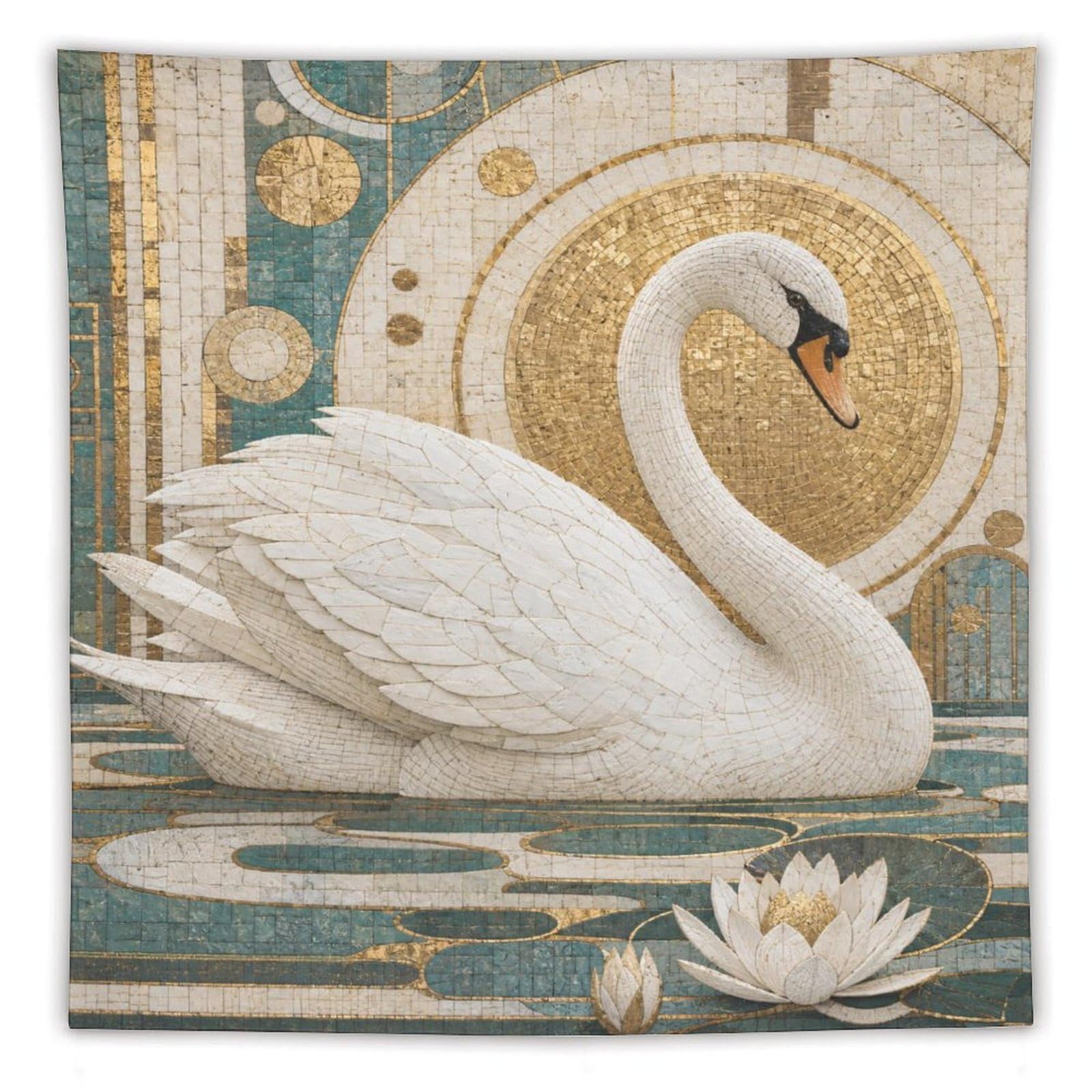 White Swan and Lotus Wall Tapestry, Mosaic Style, Mosaic Art