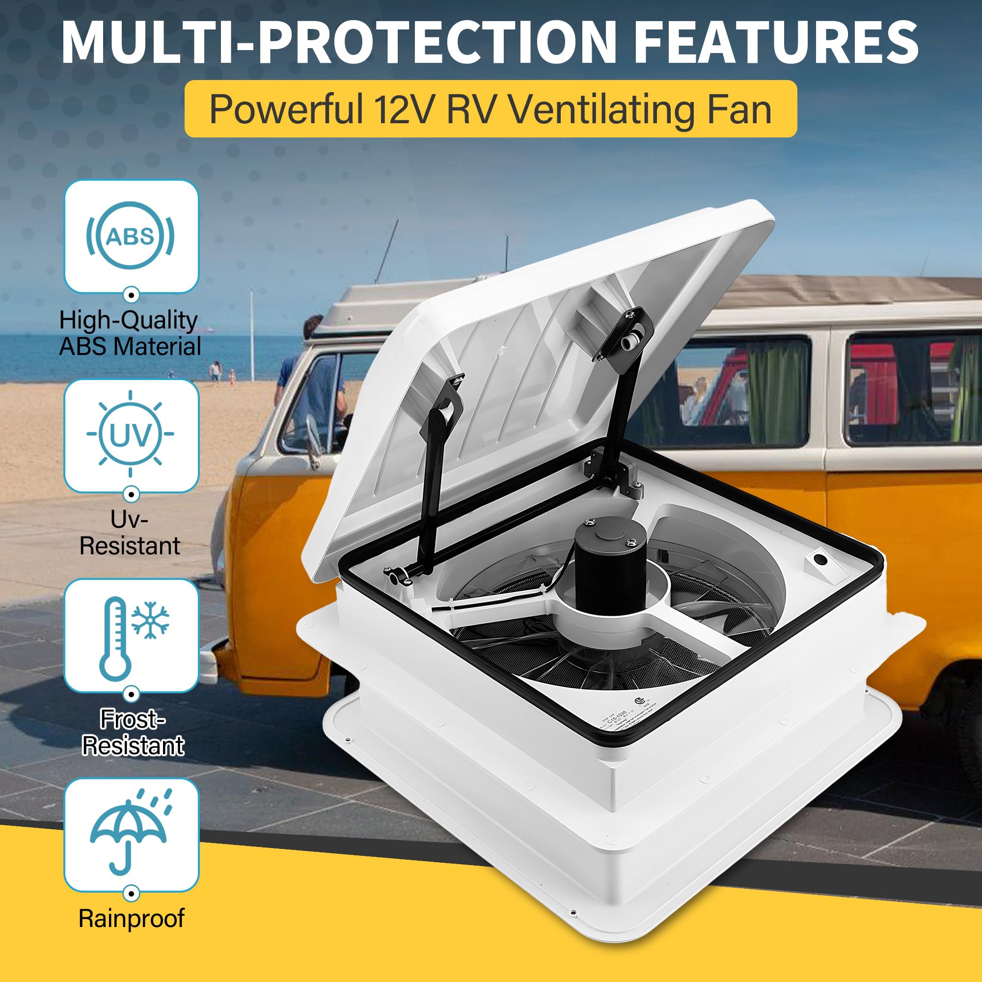 35,6 cm (14 Zoll) Wohnmobil-Dachventilator, 4 Geschwindigkeiten, Wohnmobil-Anhänger-Dachlüftung mit 12-Volt-Ventilator mit LED-Licht (weiß)