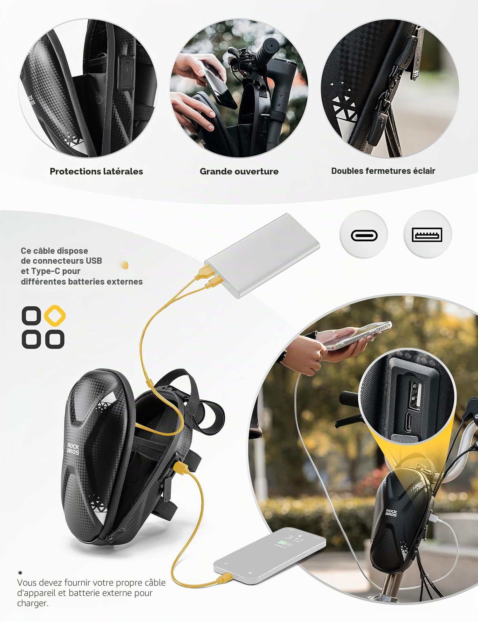 ROCKBROS Sacoche Guidon Trotinette Électrique 1,3L Sac Avant Vélo Pliant VTT Port Charge USB+Type-C Réfléchissant Coque Dure Fibre Carbone Étanche PU Compartiment Filet 4 Sangle Scratch Portable Noir