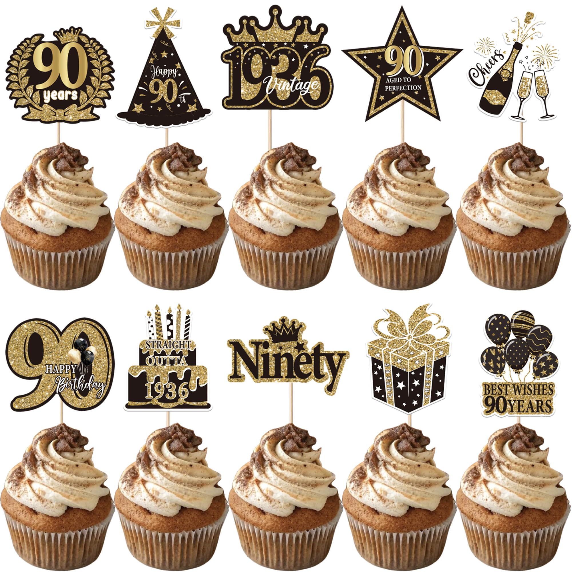 Xsstarmi 40 Pack Happy 90th Birthday Cupcake Toppers Best Whish Thirty Hello Straight Outta 1936 Cupcake Picks for Cheers to 90 Years 90th Birthday Party Cake Decorations Supplies