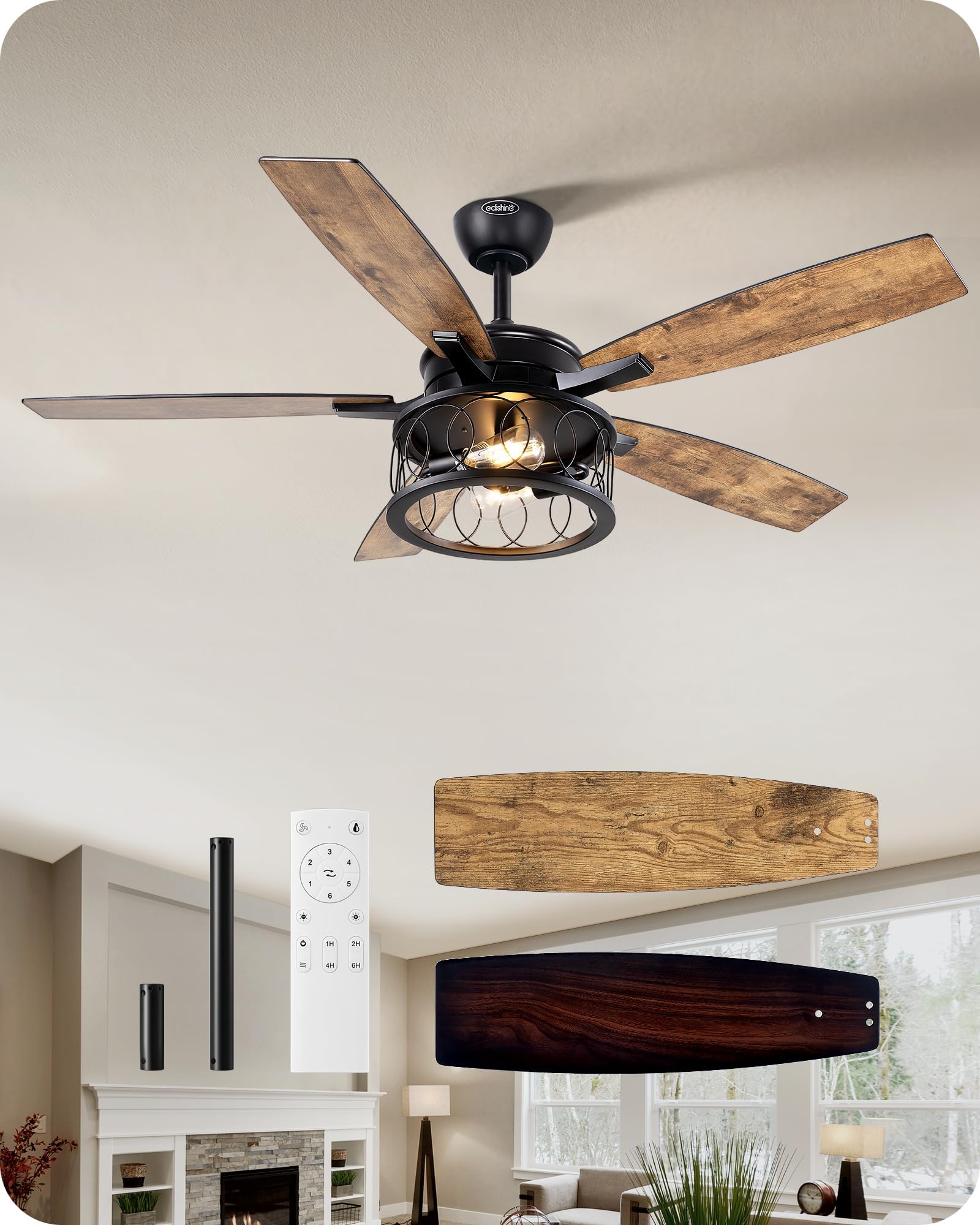 Photo 1 of ***BROKEN, SOLD FOR PARTS*** EDISHINE 52'' Farmhouse Ceiling Fans with Lights, 10%-100% Dimmable, 5 Wooden Blades, 1/2/4/6 Hour Timer, 6 Speeds Reversible DC Motor, Rustic Ceiling Fan for Living Room, Bedroom, Burnt Wood