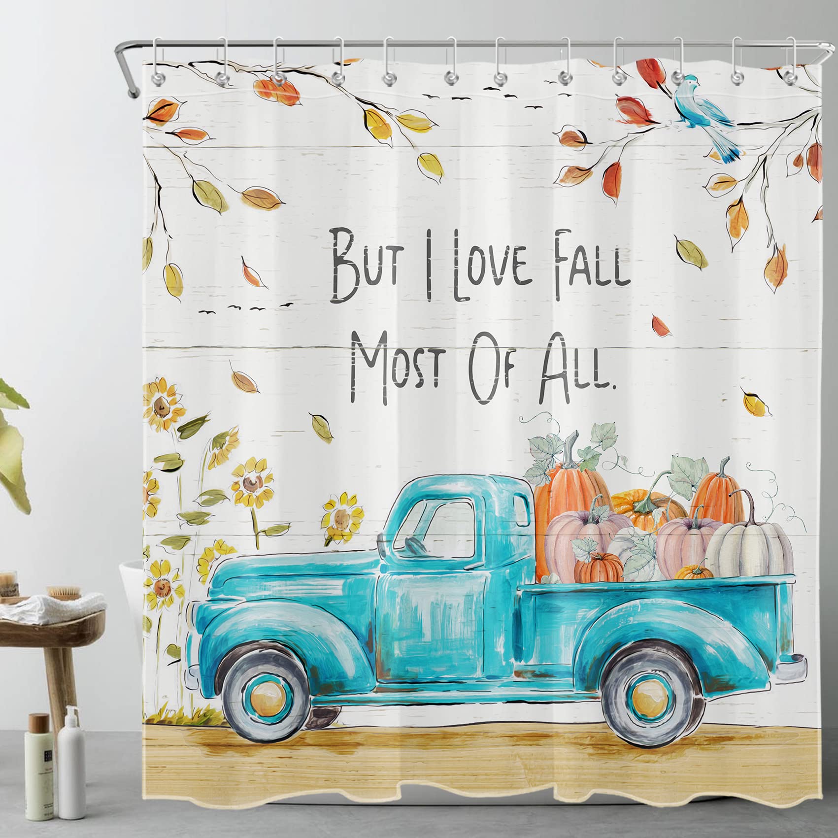 EOBTAIN Fall Pumpkin Shower Curtain Thanksgiving Harvest Watercolor Sunflower Autumn Leaves Tree Teal Blue Truck Shower Curtains Farmhouse Wooden Board Bathroom Decor 72x72Inch 12 Hooks Durable Fabric