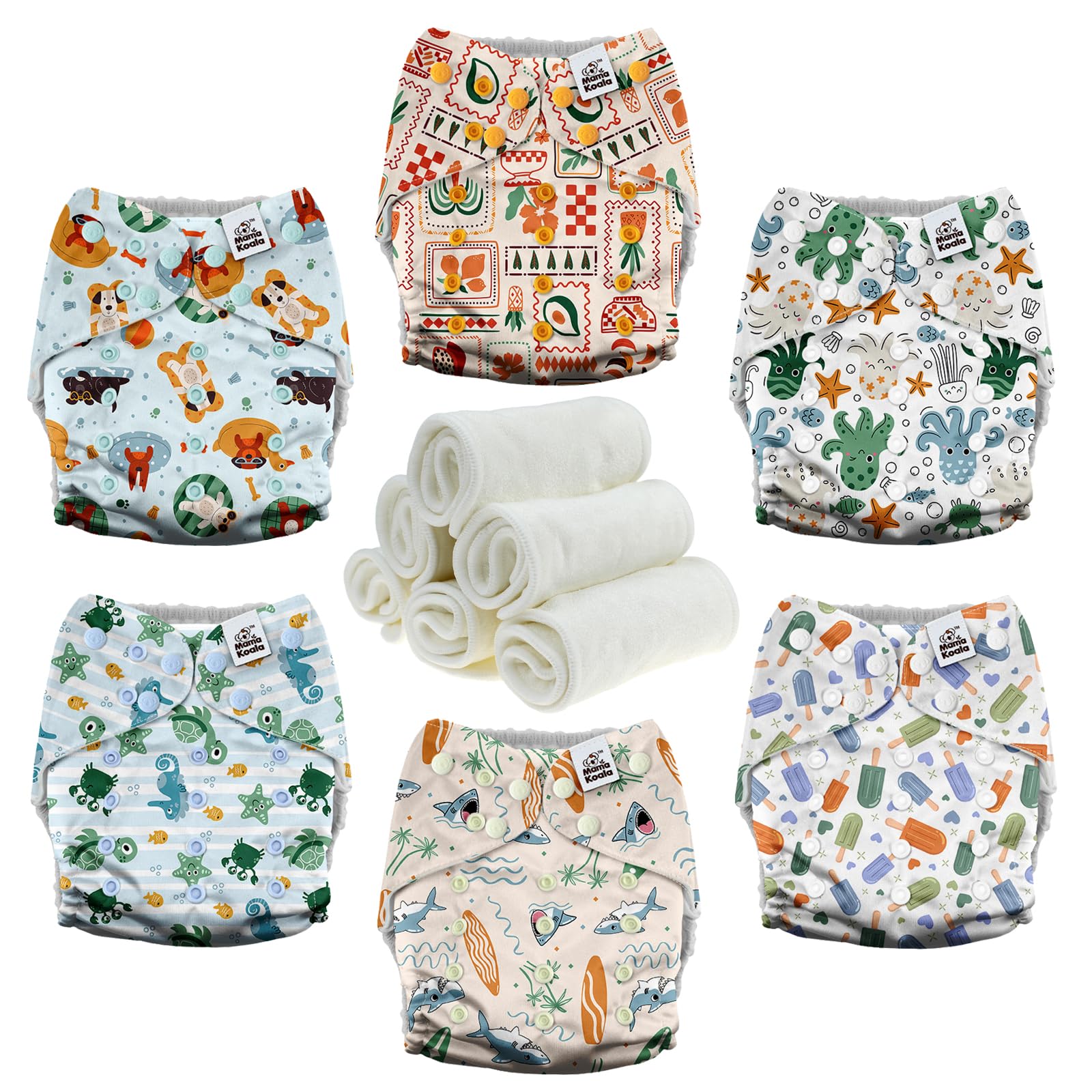 Mama Koala 3.0 Cloth Diapers for Babies with AWJ Lining, 6 Pack with 6 Natural Cloth Diaper Inserts - Reusable and Washable Pocket Diapers (in the Sea)