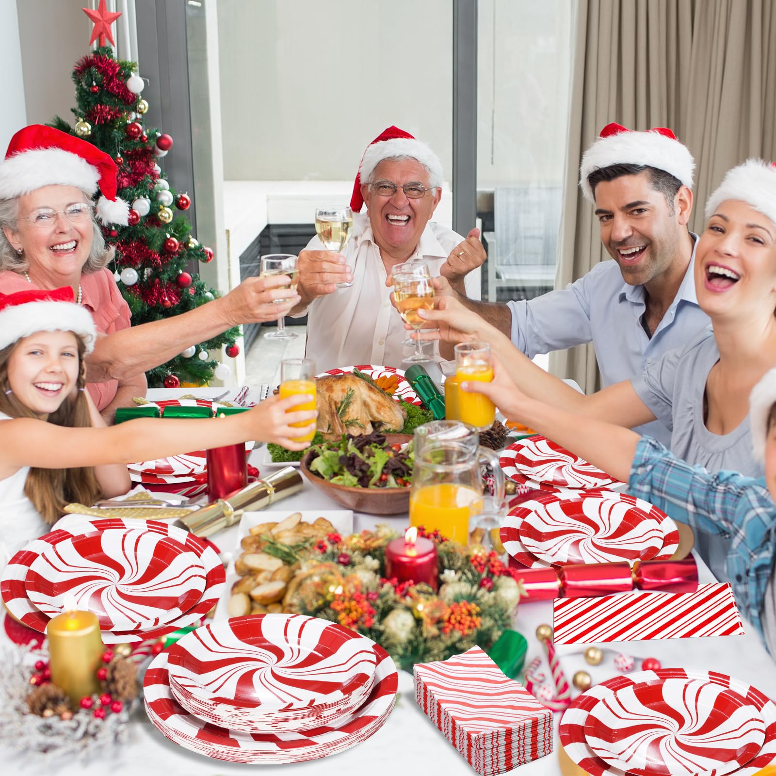 Lot de 150 assiettes de fête de Noël jetables en forme de canne à sucre d'orge - Assiettes et serviettes en papier rouge et blanc - Pour Noël, Nouvel An, fêtes de fin d'année, pour 50 personnes