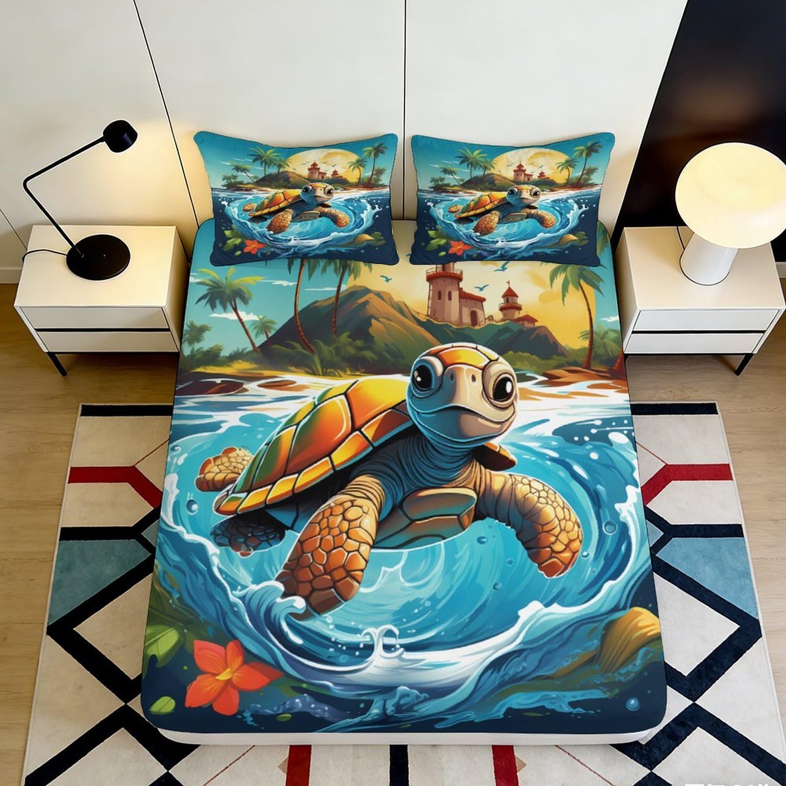 Jqzkxnhpbr Style-7 3D Printed Sea Turtle Fitted Sheet Microfiber Soft Ocean Island Mattress Cover For Bedroom Guest Room Decor 90X200x25cm