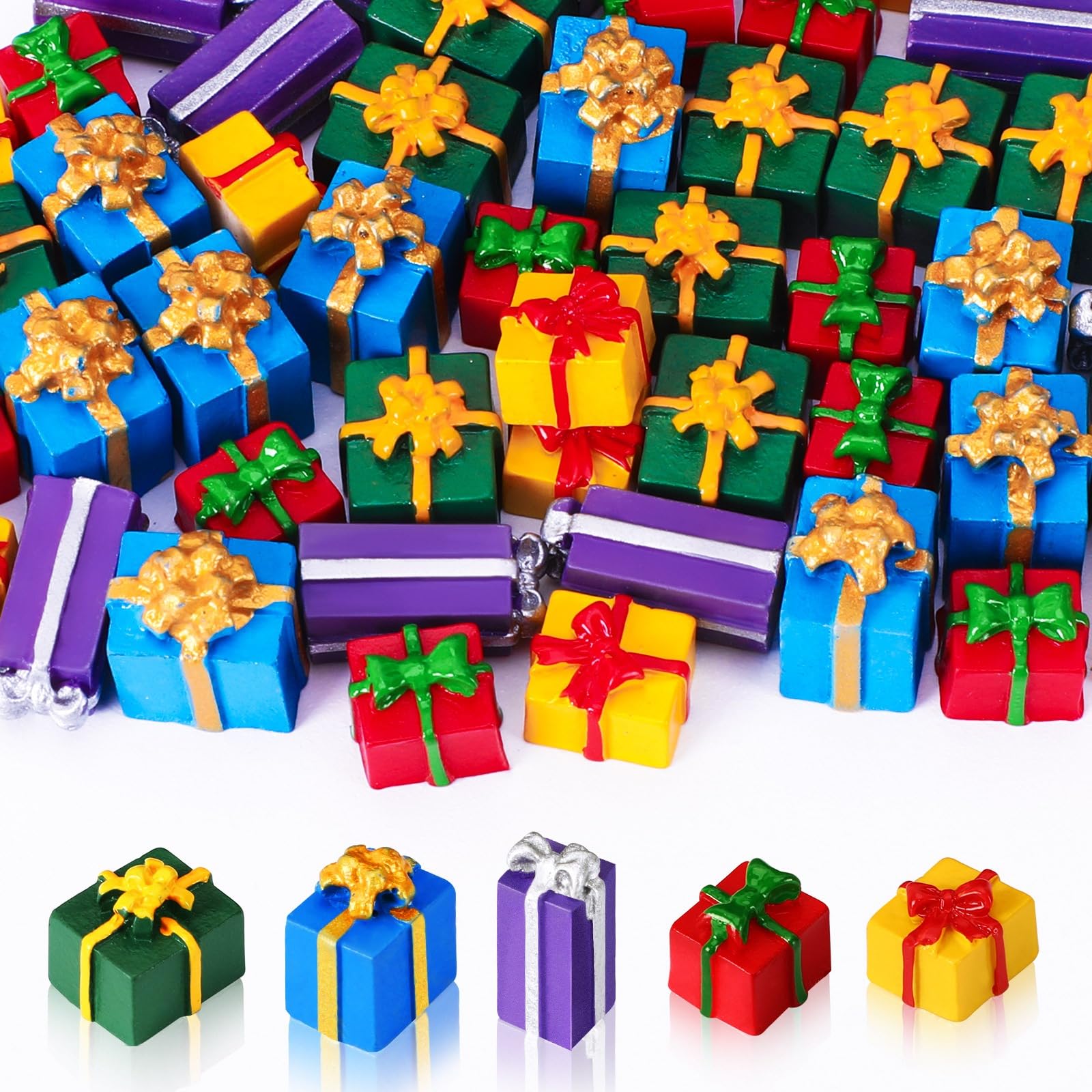 JUNEBRUSHS 50 Pcs Christmas Miniatures for Crafts, Christmas Tree Mini Resin Presents Charms Mini Christmas Ornaments Figurines for Tree Decor Vase Filler Xmas Crafts