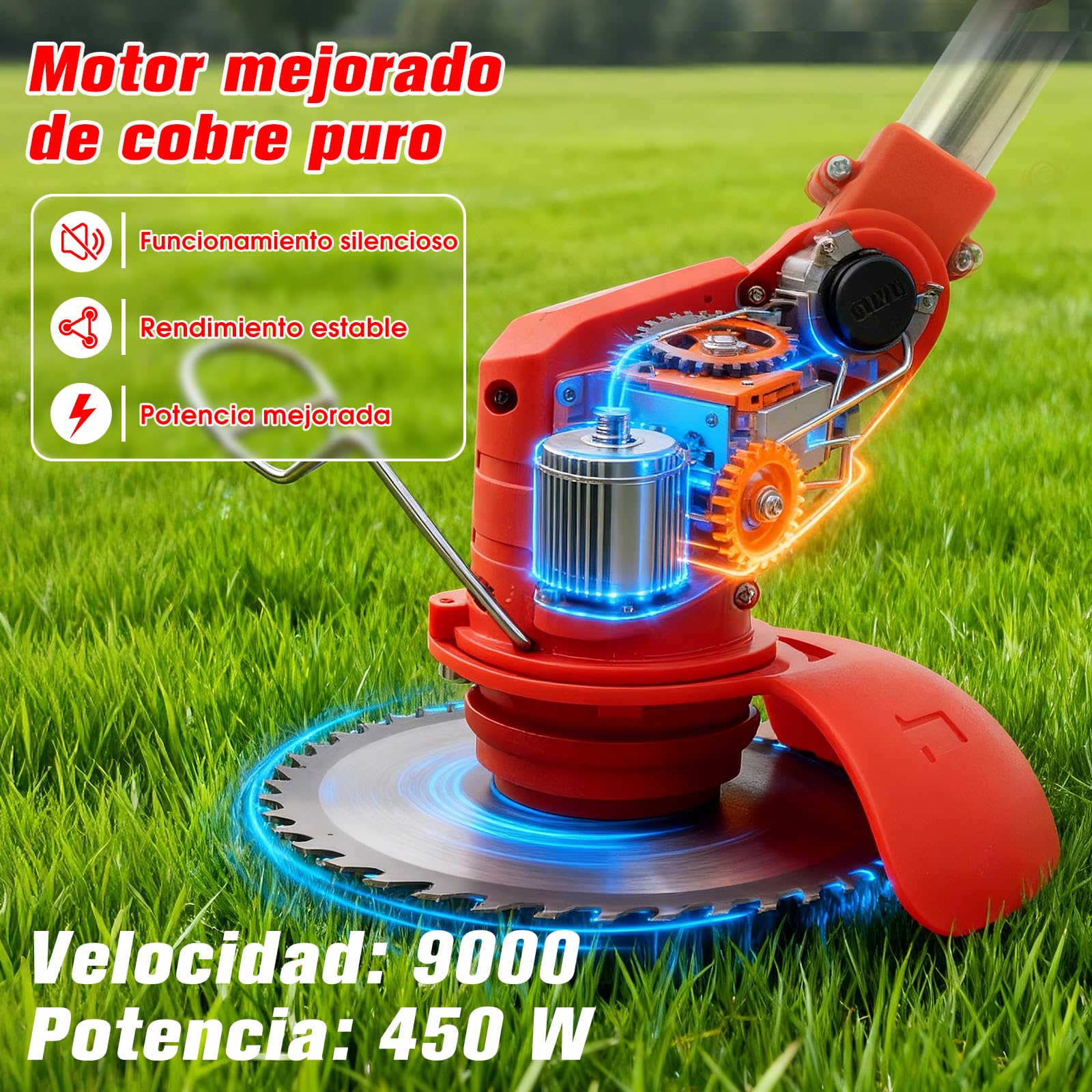 OUTIGO Desbrozadora a batería, desbrozadora eléctrica a batería, Equipada con 2 baterías y 4 Cuchillas, cortacésped Plegable de 800 W, Adecuado para Cortar el césped de Jardines y arbustos