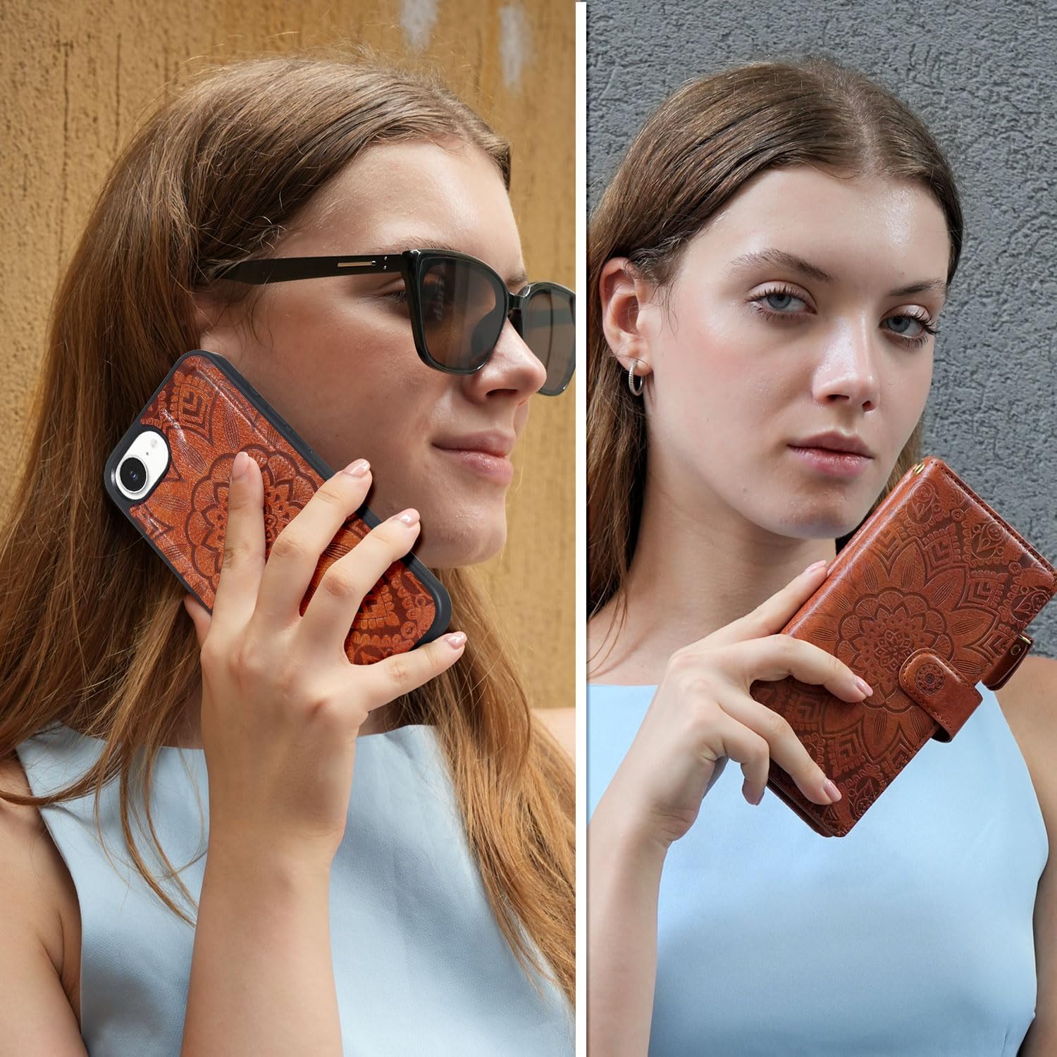 Harryshell Compatible with iPhone 16E Wallet Detachable Magnetic Cover Zipper Leather Case with Cash Coin Pocket Multi Card Slots Holder Wrist Strap Lanyard (Flower Brown)