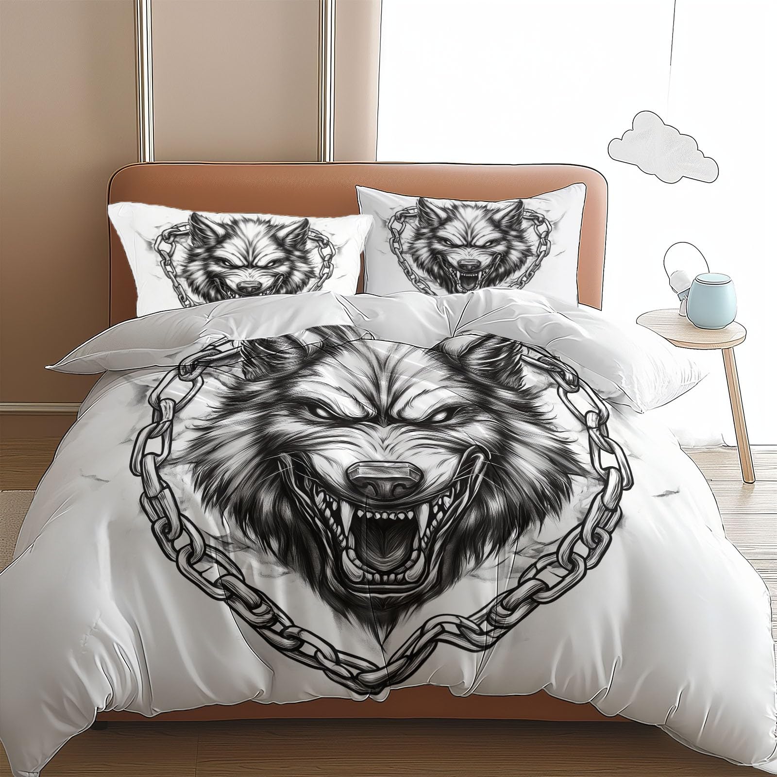 Beige Duvet Cover Toddler Animal Wolf 3 Pieces Bedding Set 40