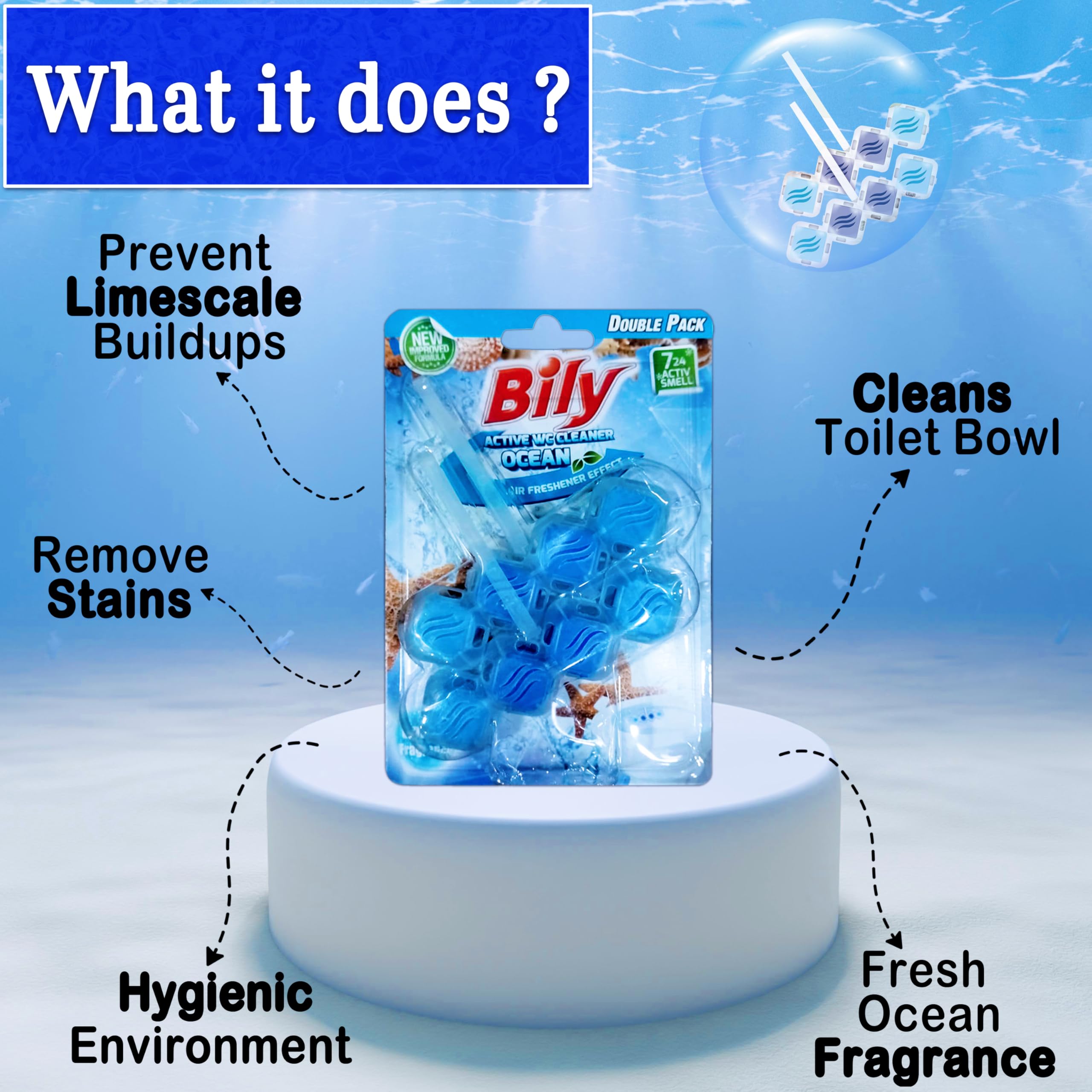 Bily Solid Toilet Rim Block Ocean | 2 * 50g Value Pack| Powerful Foaming and Cleaning|Prevents Limescale and dirt buildup | 24 * 7 Cleanlines and Freshness| 4 Function Formula| Product of Europe - Image 5 thumbnail