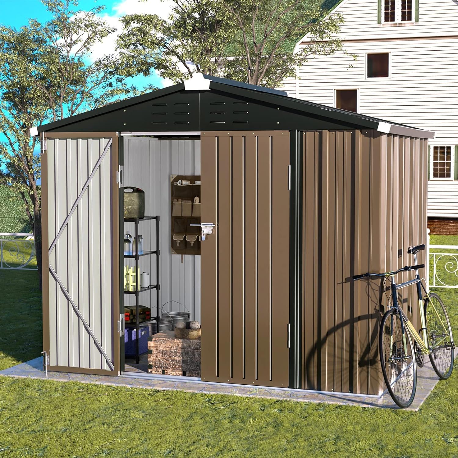 UDPATIO Metal Shed 8x4 FT, Outdoor Garden Storage, Waterproof Metal Shed for Firewood, Garbage Can, Tool, Lawnmower, Bike Shed, Galvanized Steel with Lockable Door for Backyard, Patio, Dark Grey — view 17