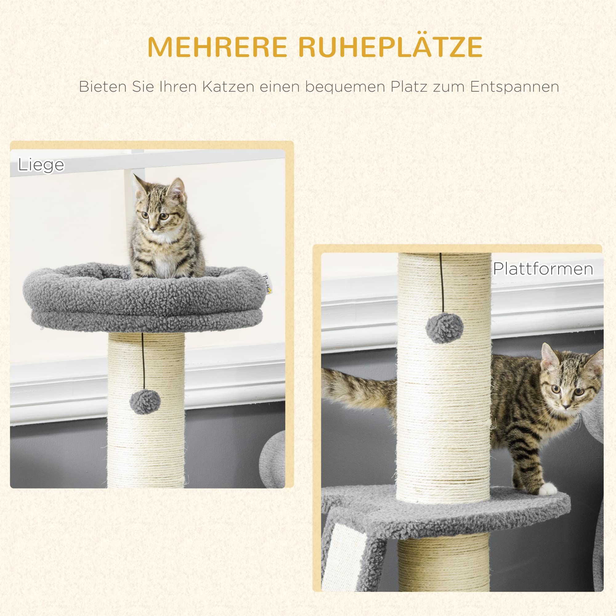 PawHut Kratzbaum 92 cm Katzenbaum mit Kratzbrett Spielball, Katzenkratzbaum mit Sisal-Kratzsäulen, Rampe, für Katzen bis 5 kg, Dunkelgrau+Cremeweiß - 3