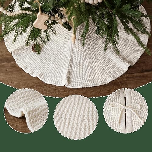 Miniatura 3 de Falda de árbol de Navidad de 36 pulgadas: falda de árbol de 6 pies, falda de árbol pequeño de punto blanco crema con borde de hoja de loto, faldas