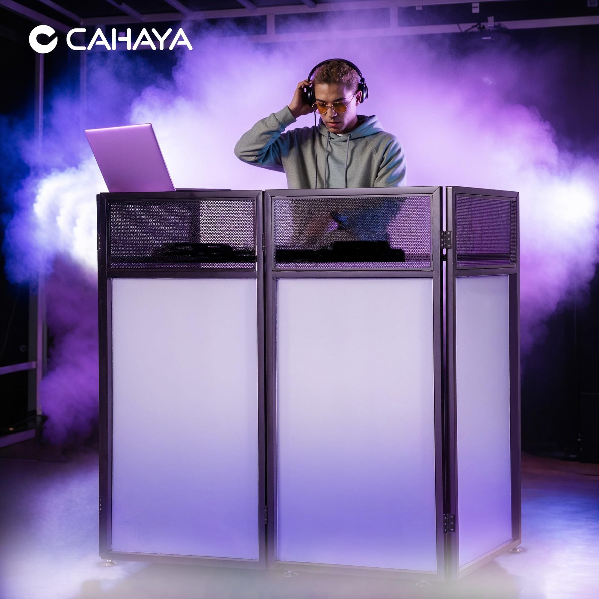 CAHAYA DJ Booth Ständer Tragbarer Faltbarer DJ-Tisch mit Doppelte Obere Ecken, Schwarzen & Weißen Lichtbespannungen, 102×51cm