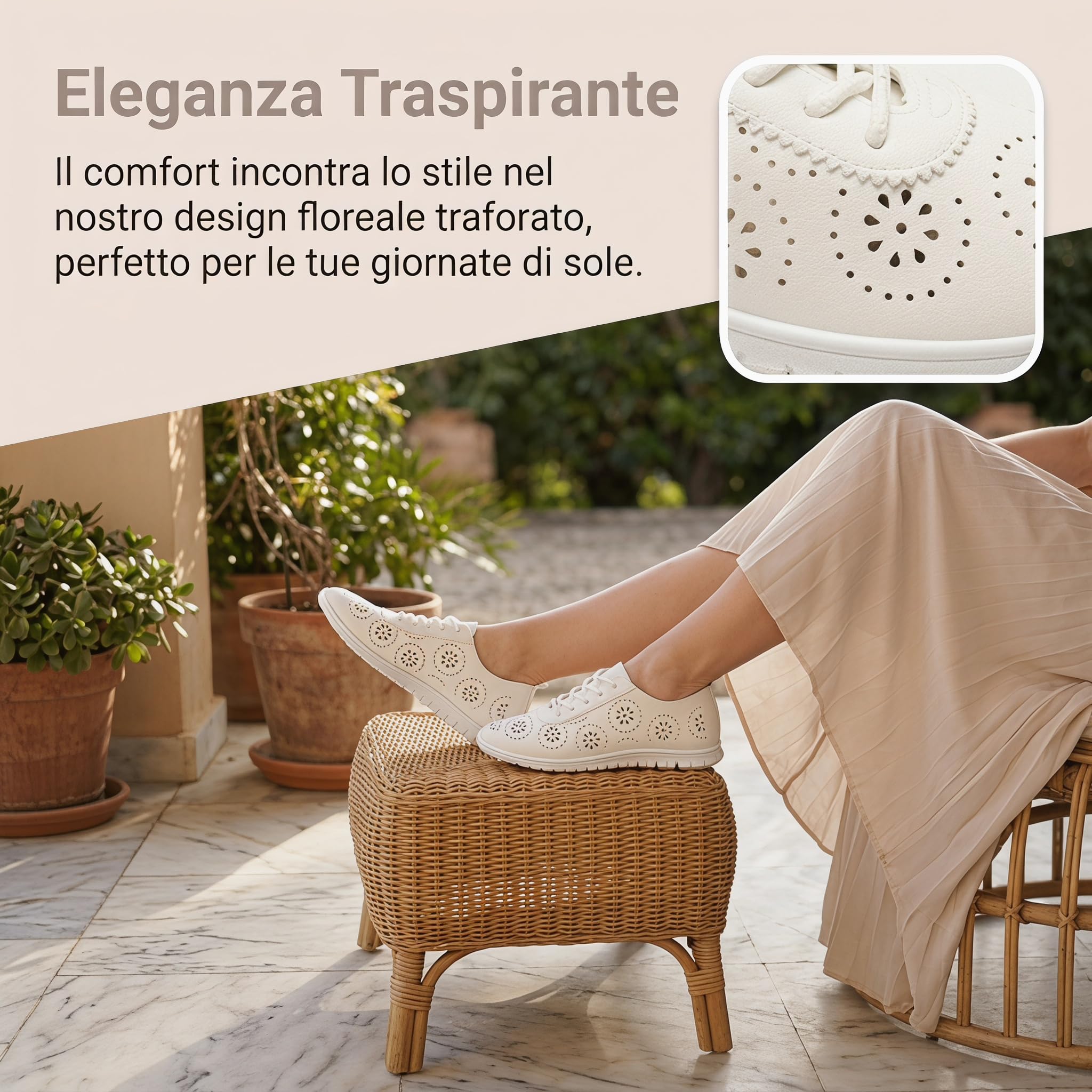 GLAMORA Scarpe piatte donna con lacci, traspiranti e traforate, suola leggera e flessibile nero beige bianco e oro