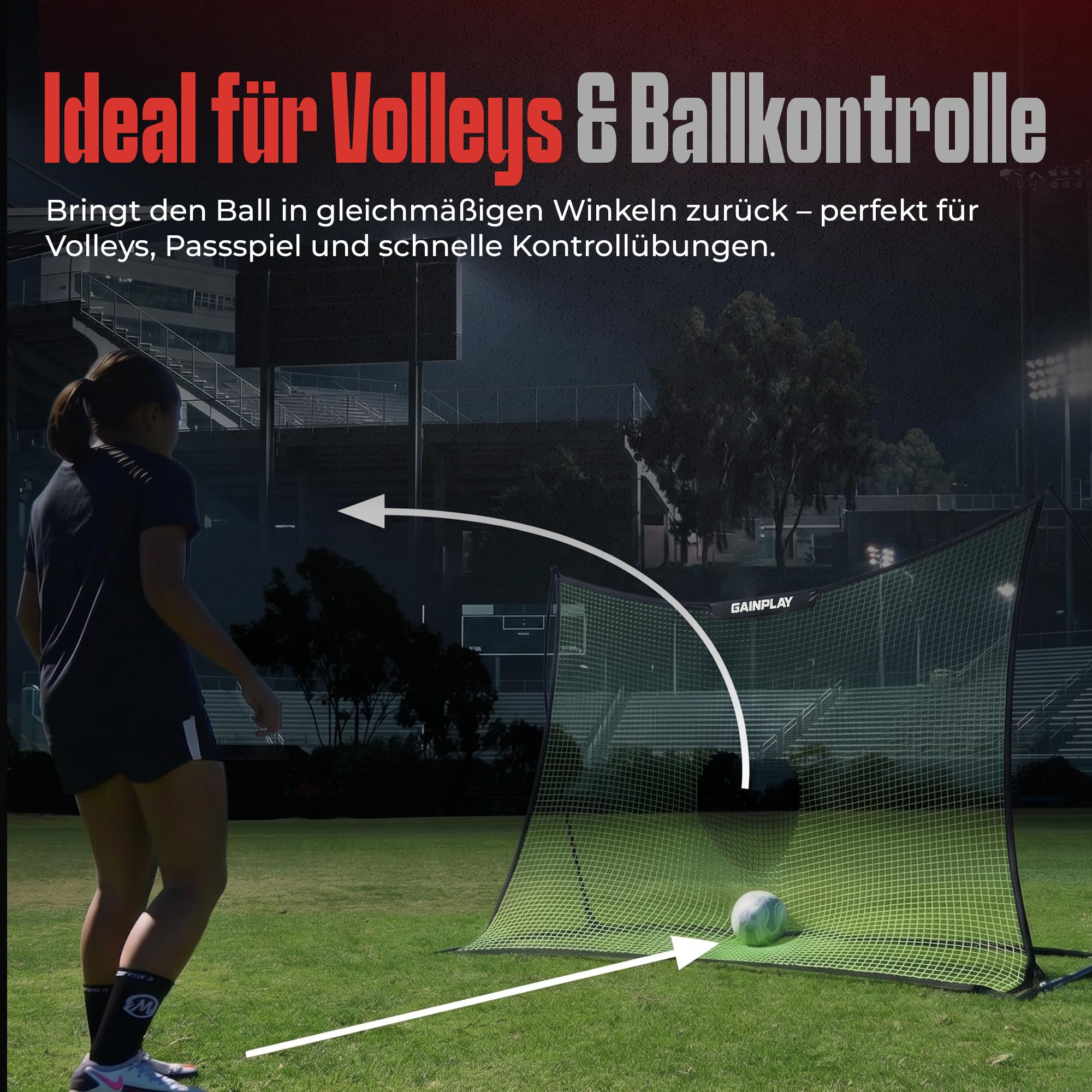 GainPlay Rebounder240 Fußball Rebounder 240x180cm – Trainingsnetz für Pass- & Schusstraining, Stabiler Stahlrahmen, inkl. Tasche, Erdanker & Gewichte – Fußball Trainingsgerät für Kinder & Jugendliche