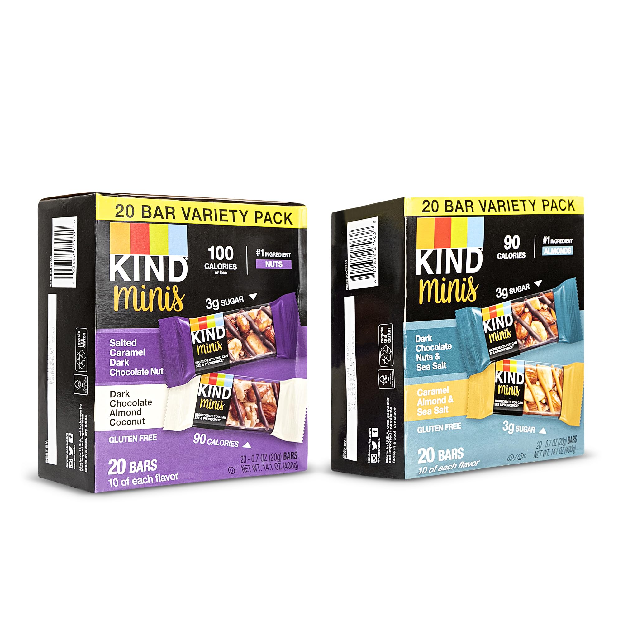 KIND Minis, Variety of Variety 1 Salted Caramel Dark Chocolate Nut/Dark Chocolate Almond Coconut (Pack of 20) 1, Dark Chocolate Nuts & Sea Salt/Caramel Almond & Sea Salt (Pack Of 20) Ilios Packaging