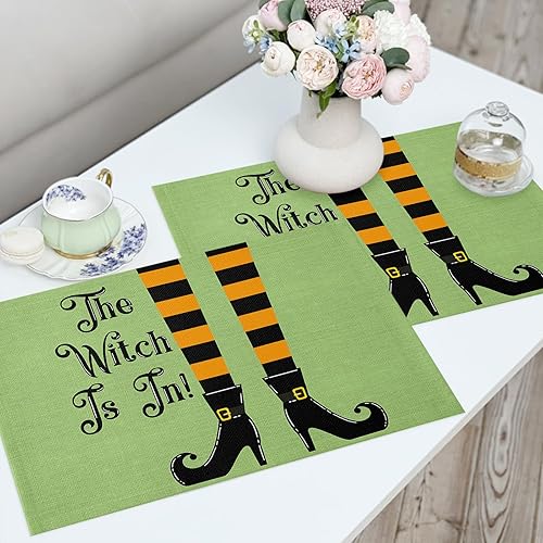 Miniatura 4 de Halloween Placemats Set of 4, The Witch is in Place Mats Funny Legs Green Backdrop Tablemats Washable Placemat Table Decoration for Kitchen Table