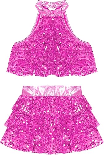 Miniatura 10 de JEATHA Top corto con lentejuelas brillantes y borla halter para niñas con minifalda jazz latino salsa samba rumba