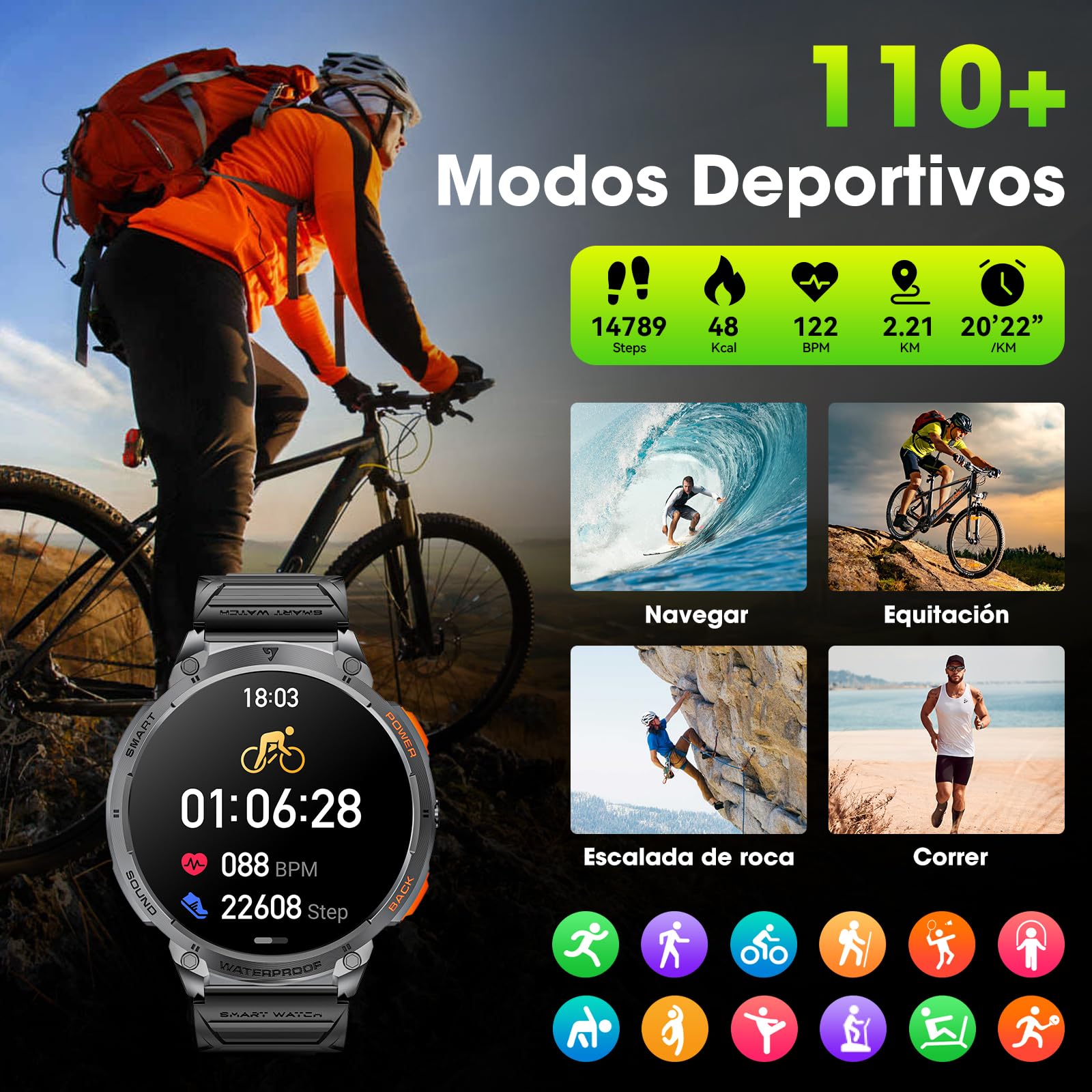 Smartwatch Militar para Hombres con Llamadas Bluetooth, 1,85" HD 730 mAh, IP68，Seguimiento de Fitness con Linterna LED,Frecuencia Cardíaca 24/7, Monitoreo de Sueño,Compatible Android e iOS