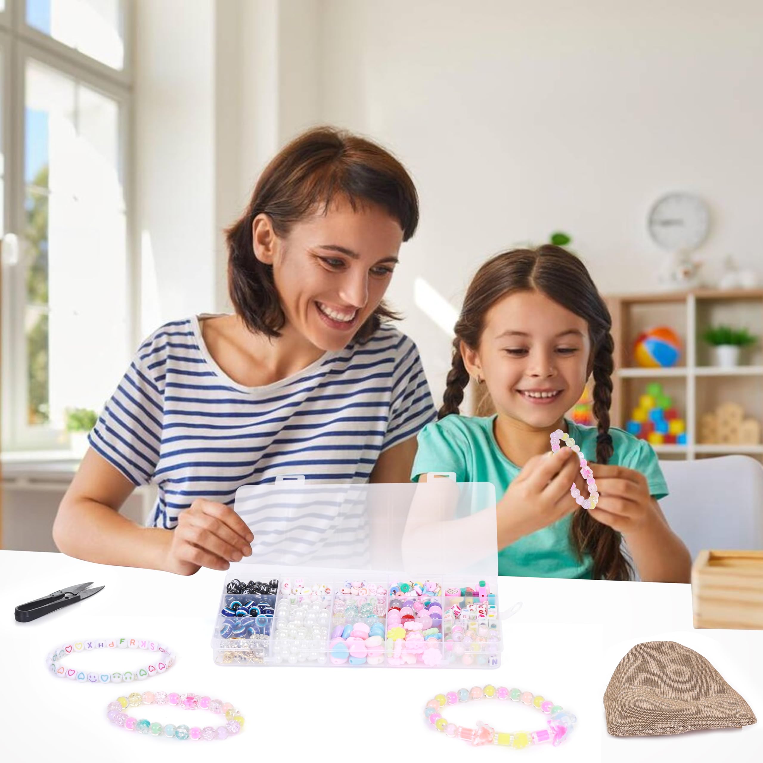 Ambitieux 15-Compartment Bracelet Making Kit for Girls & Kids – 400+ Beads Including Evil Eye, Pearl, Alphabet, Smileys, Hearts, Charms & Tools – DIY Jewelry Craft Set with Cutter, Elastic Thread & Gift Bag Birthday girls 2 3 4 5 6 7 8 9 years (All mix) - Image 2 thumbnail