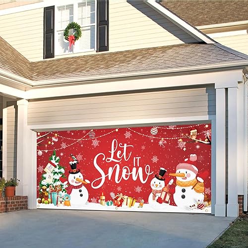 Miniatura 5 de Cubierta de puerta de garaje de Navidad de 6 x 13 pies, telón de fondo grande de muñeco de nieve de Navidad para decoración de feliz año nuevo,