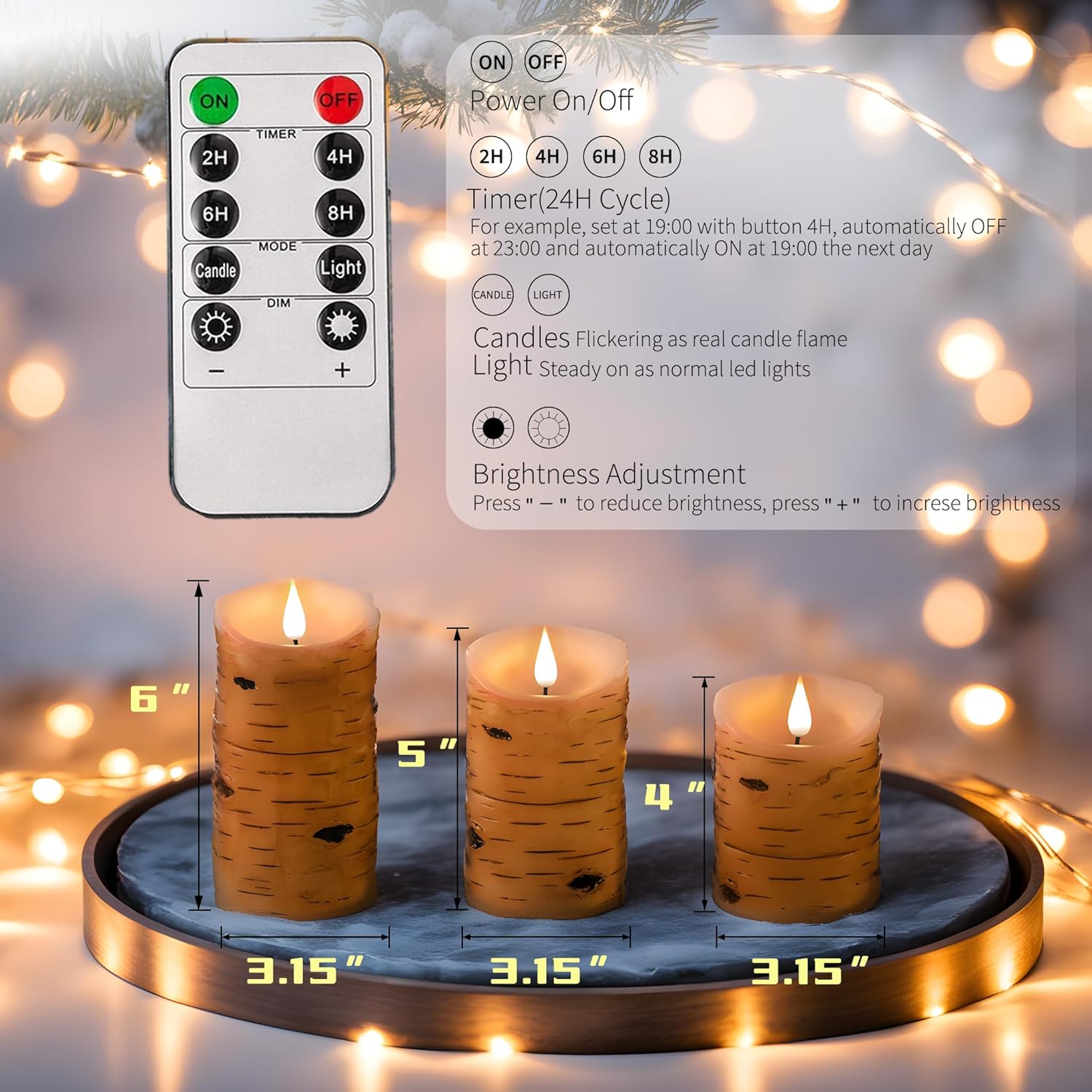 NICEME LED Birch Bark Flameless Candles Set of 3 Real Wax Battery Operated Candles Flickering Teardrop Wick Electric Decorative Pillar Bark Candles with Remote Timer, D3 x H4 5" 6"