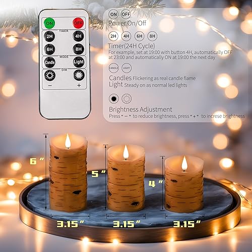 Miniatura 7 de NICEME Juego de 3 velas LED de corteza de abedul sin llama, velas de cera real que funcionan con pilas, mecha móvil, velas eléctricas decorativas de