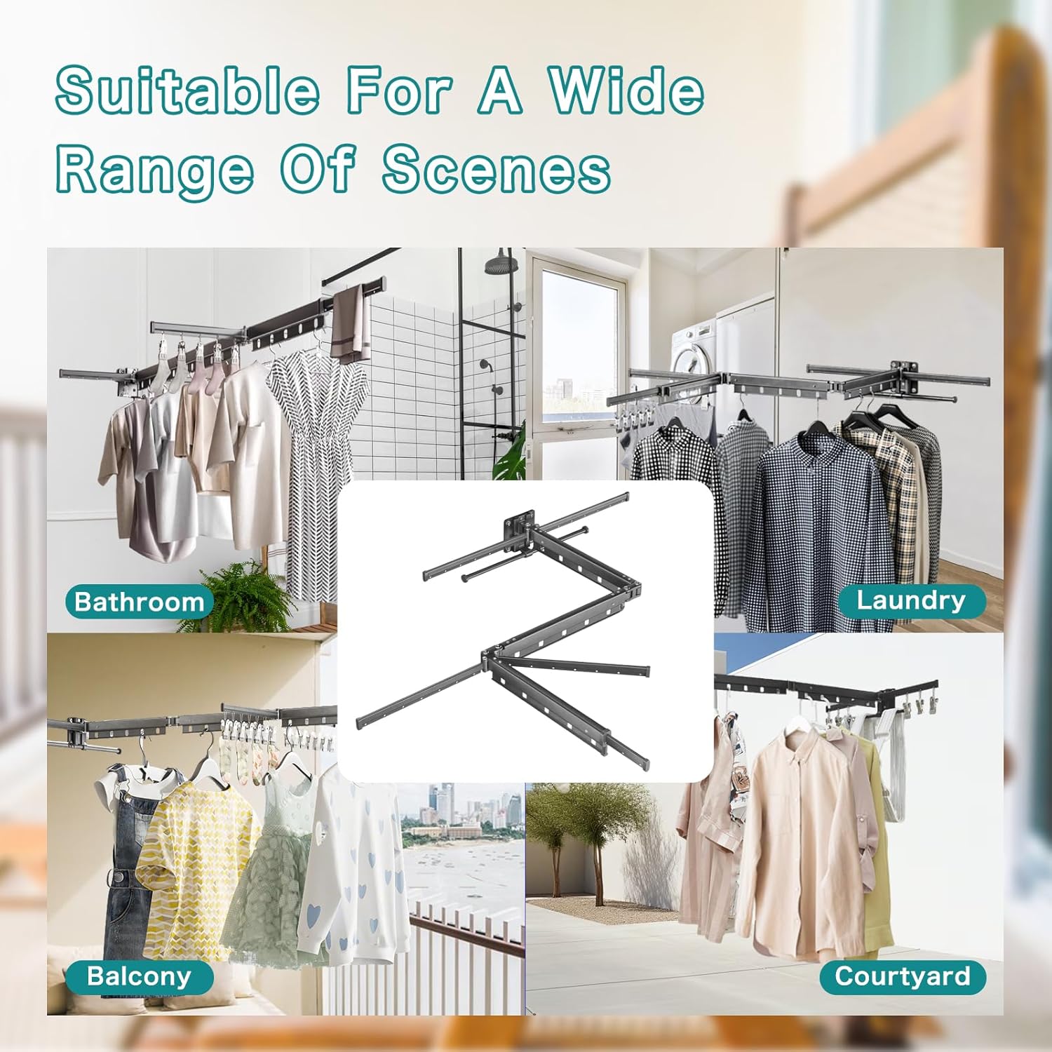 Upgrade Wall-Mounted Drying Rack, 66lbs Capacity Wall Drying Rack , Foldable Clothes Rod with 20 Clips, Space-Saving Design for Balcony/Bathroom/RV/Patio, 7 Folding Rods, Space Aluminum Material