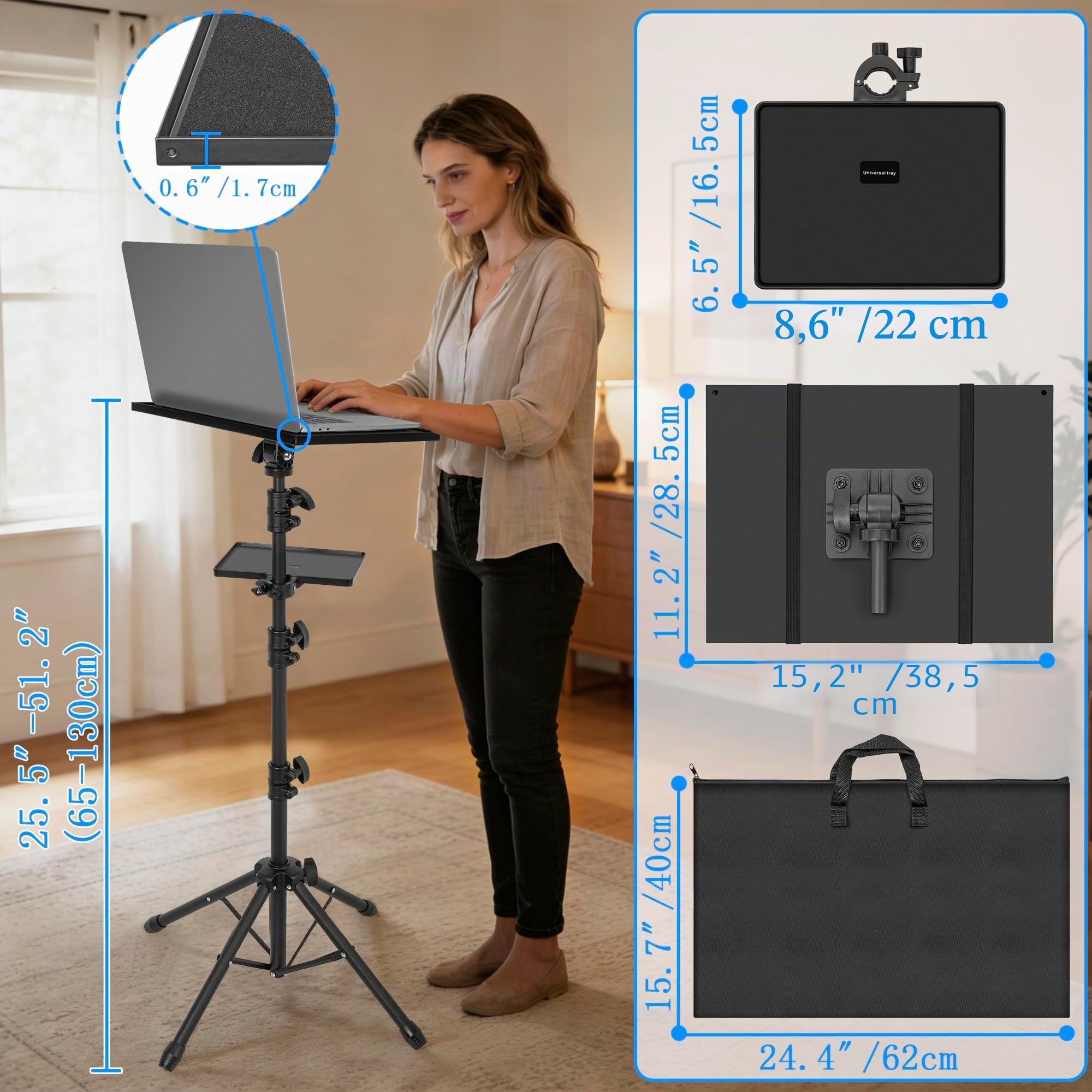 AKOZLIN Soporte de trípode para proyector con 2 estantes y 4 patas, portátil, ajustable, altura 65-130 cm, rotación de 180 grados para proyector, equipo de DJ, iPad