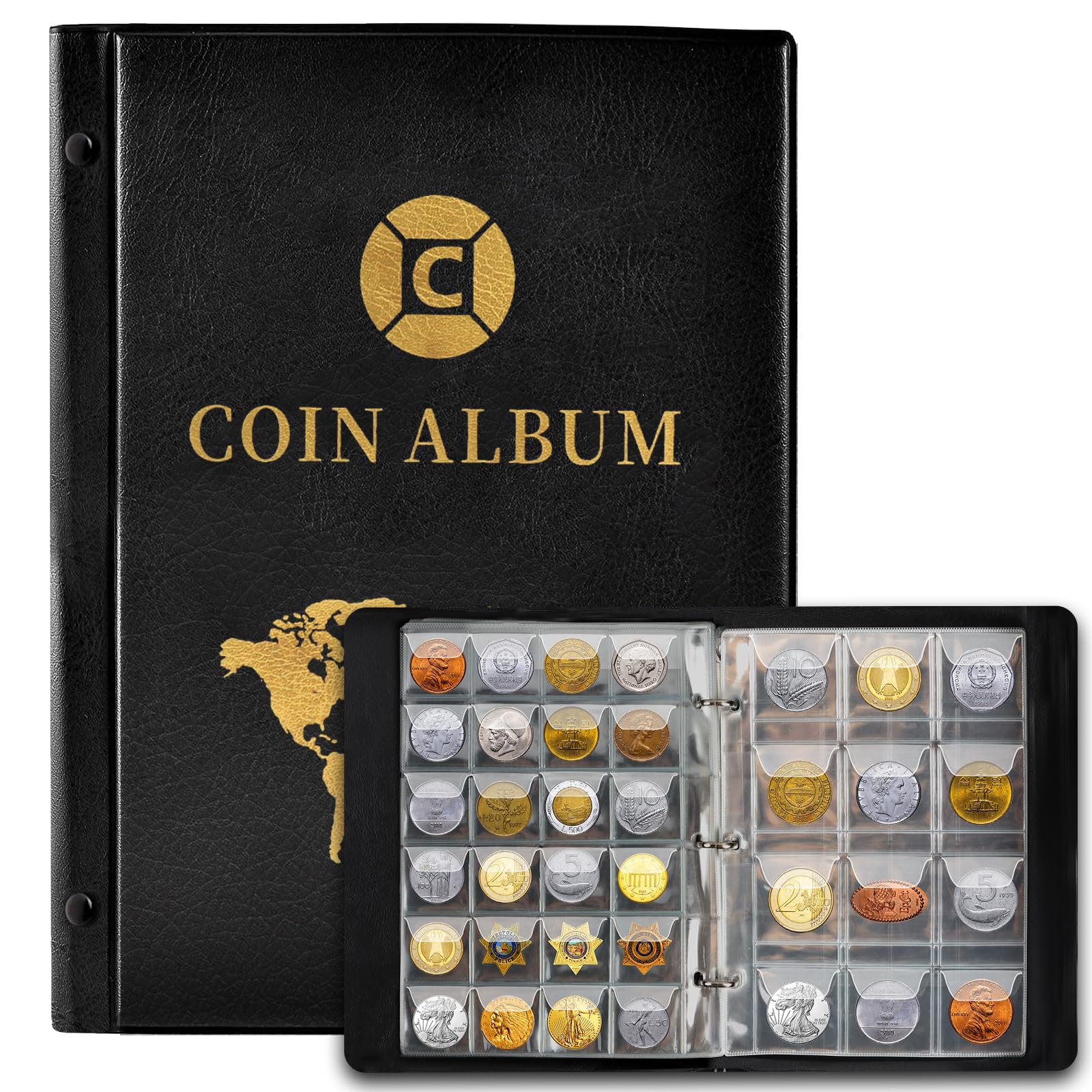 동전 스크랩북 420개 포켓 2유로 동전 앨범 3.5 X 3.5CM 4.5 X 4.5CM 동전 앨범 수집가를 위한 보관 동전 수집 앨범  투명 25 X 19CM 동전 수집 앨범