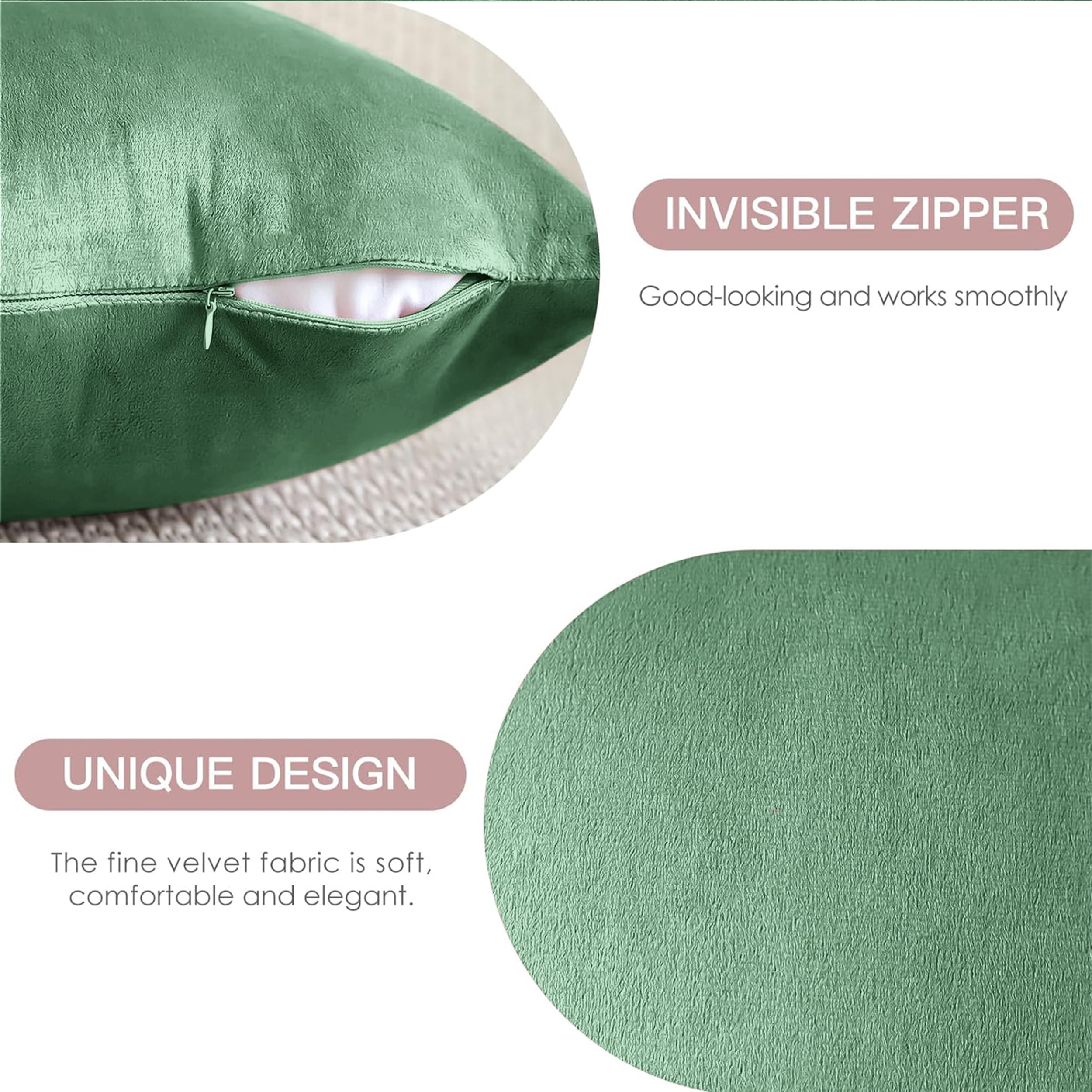 My home store Mint Green Velvet Cushion Covers 45 x 45 cm- Square Throw Pillow Cases Decorative Cushion Cover for Sofa Bedroom with Invisible Zipper 18 x 18 Inch - Image 4