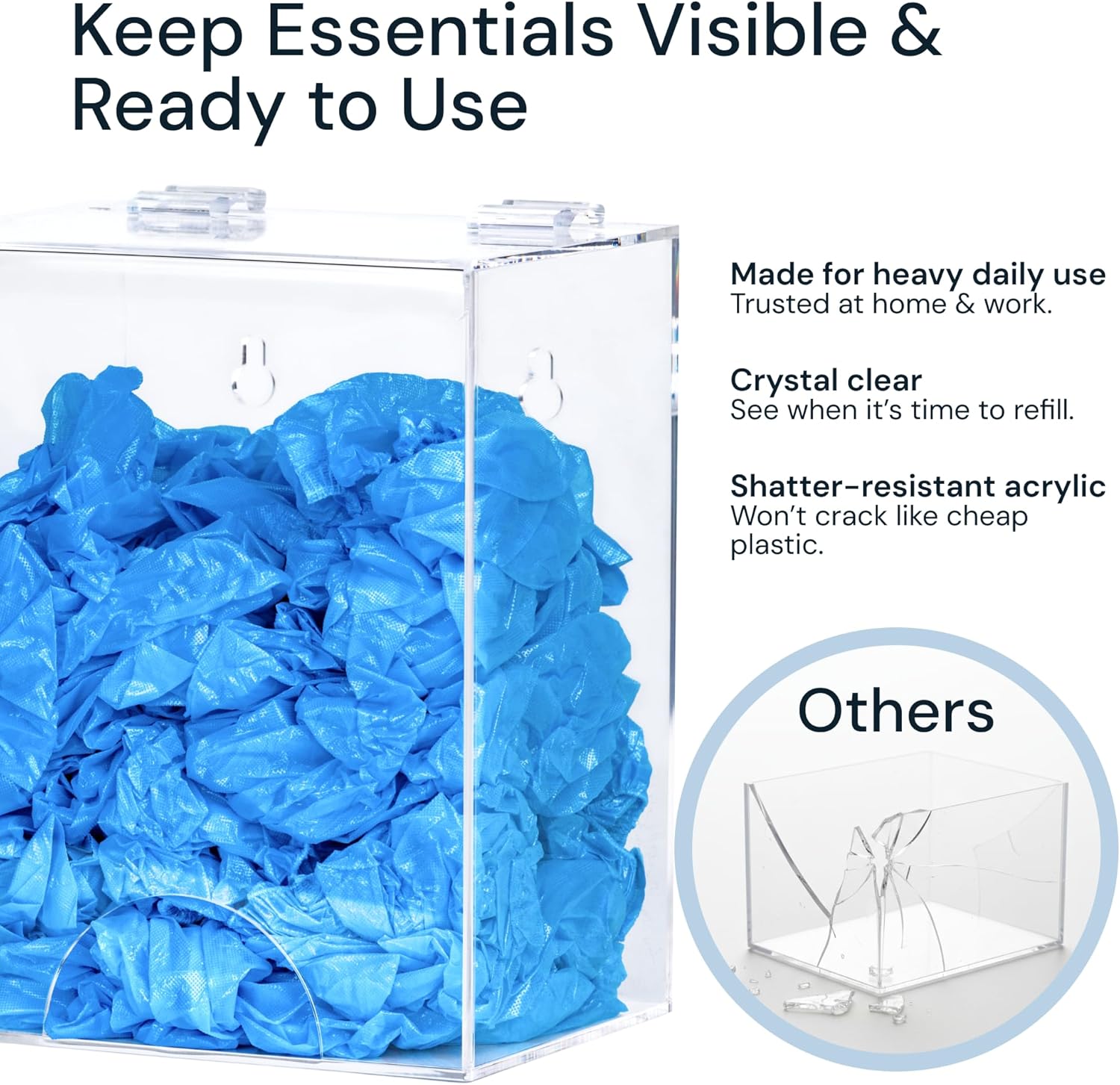 SimplyImagine Clear Acrylic Glove Dispenser - Storage Wall Mount Storage for Hairnets, Masks, and Laundry Pods - 8.25" H x 6.5" W x 5" Holder for Estheticians and Home - Hardware Included