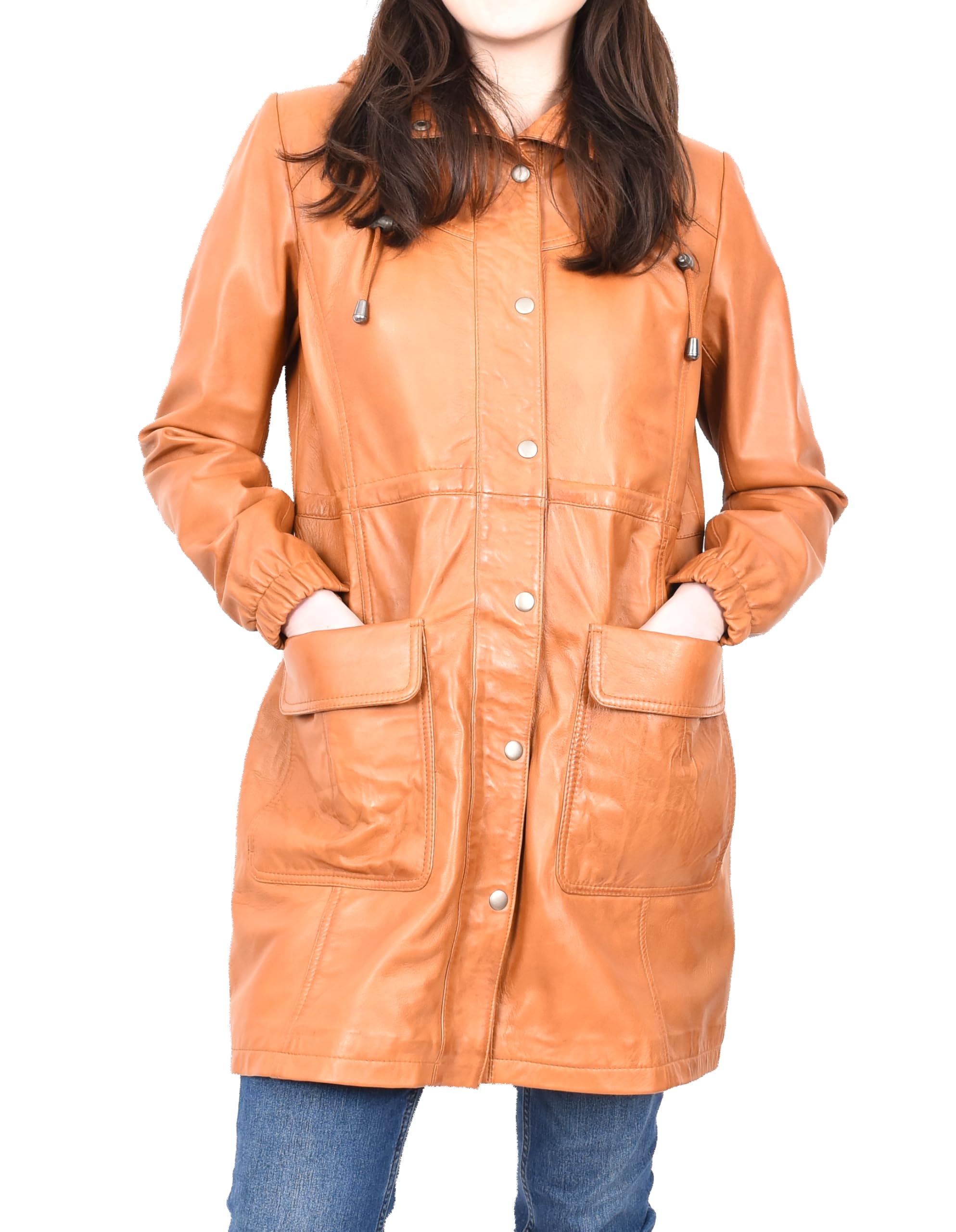 Divergent Retail Women's Tan Long Knee 3/4 Length Coat Real Leather Detachable Hoodie Jacket Yondera Size 16 Xl