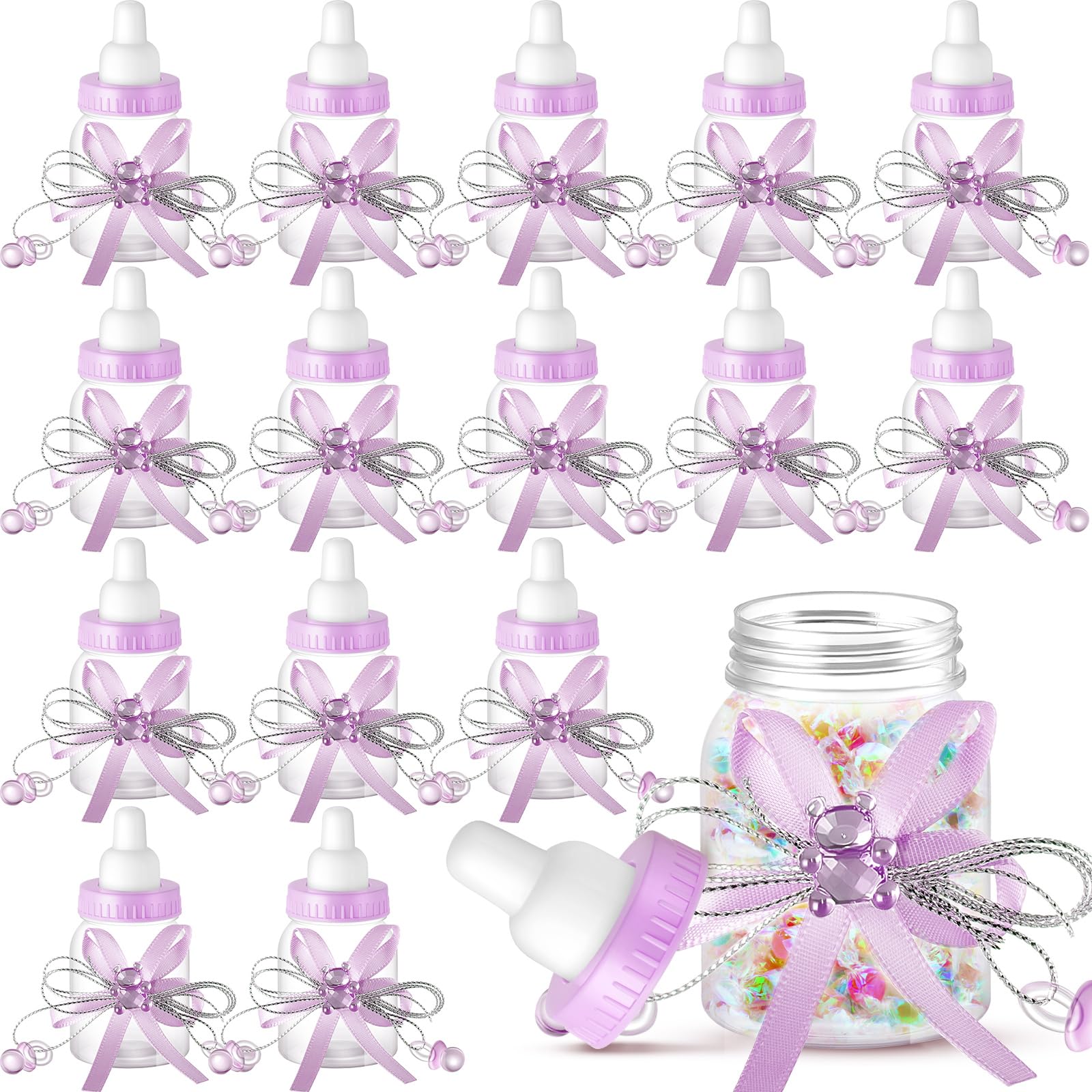 Nuenen 48 Pcs Baby Shower Milk Bottles with Ribbon Plastic Bear Candy Bottles Baby Shower Favors Gender Reveal Wedding Birthday Party Decorations(