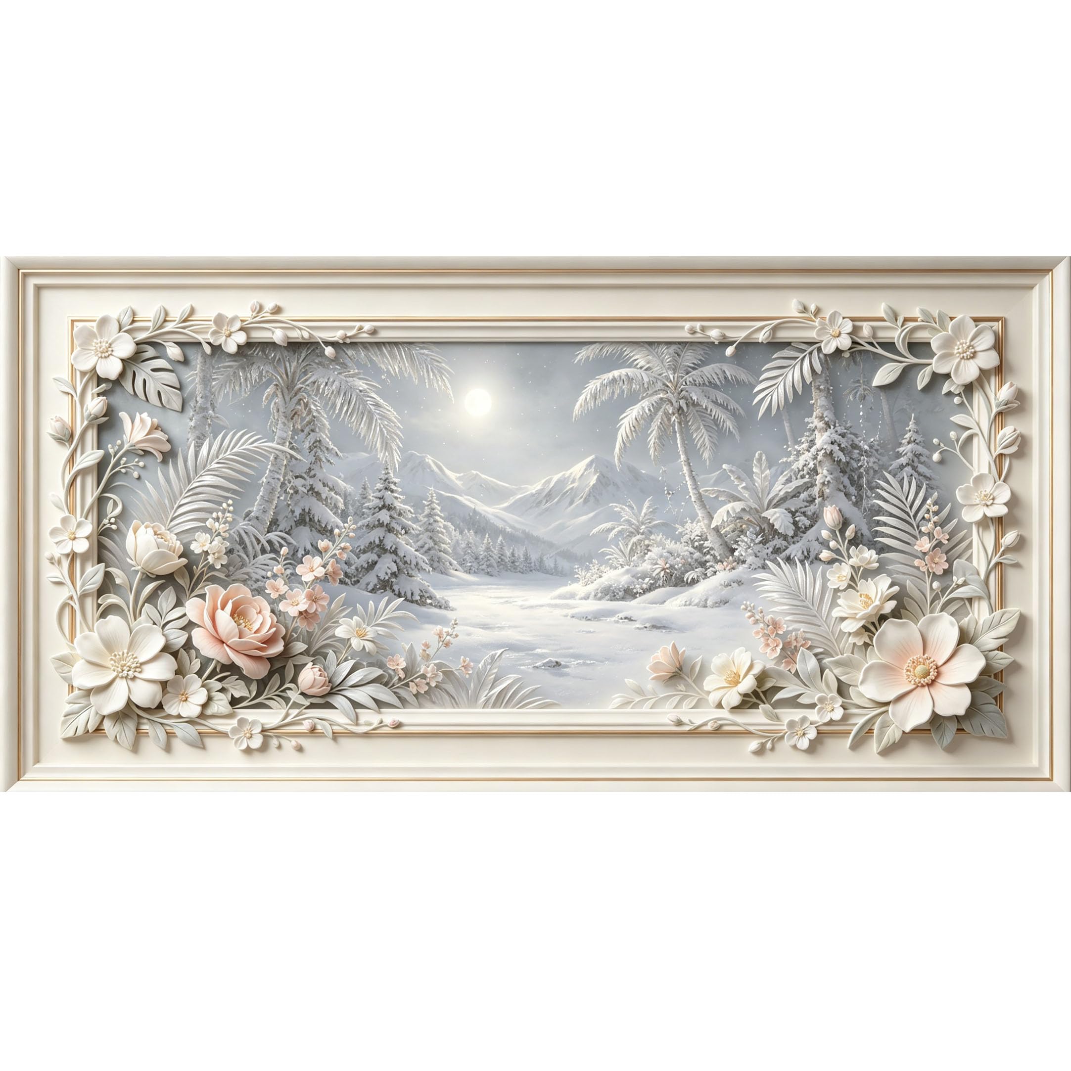 Agglomerix 3D Framed Wall Art Winter Snowy Mountain Palm Tropical Botanical Relief Effect Large Size SelfAdhesive Removable Wall Decor Prints Artwork for Living Room Bedroom Office