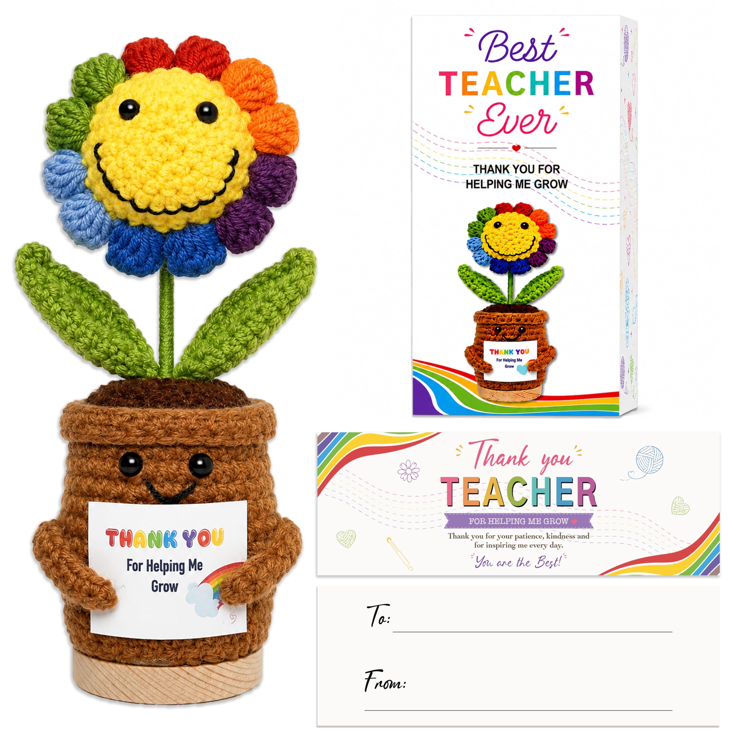 Teacher Gift Thank You for Helping Me Grow - Positive Crochet Flower with Thank You Card, Thank You Gift for Teachers, Teaching Assistant, Nursery Teacher, End of School Year, Graduation Gift