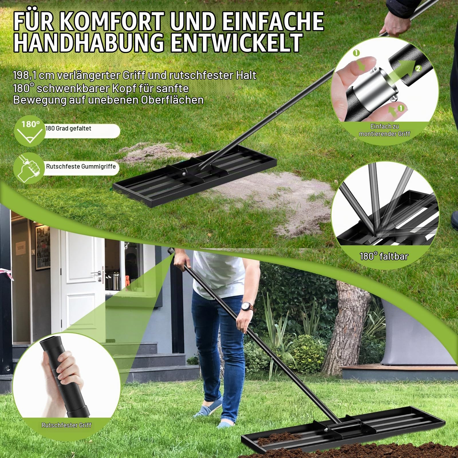 Rasen-Nivellierungsrechen,76 x 25cm, Profi Rasenrakel,Lasercut Rakel, mit Verstellbarem Verlängerte Dicke Metallstange mit Rutschfestem Gummi-Griff, Ideal für Hof, Garten