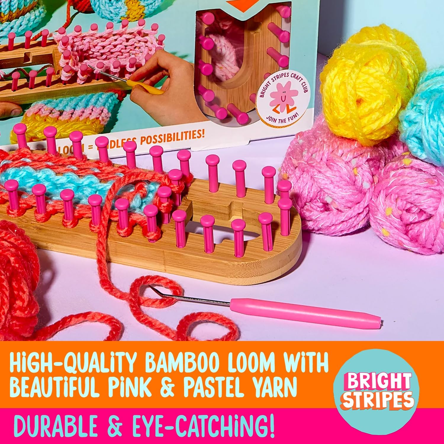 Bright Stripes Nimble Knitter Kit| 4-in-1 Adjustable Bamboo Loom with Chunky Yarn & Guide| DIY Craft Set to Make Scrunchies, Hats, Bags & More| Great for All Ages