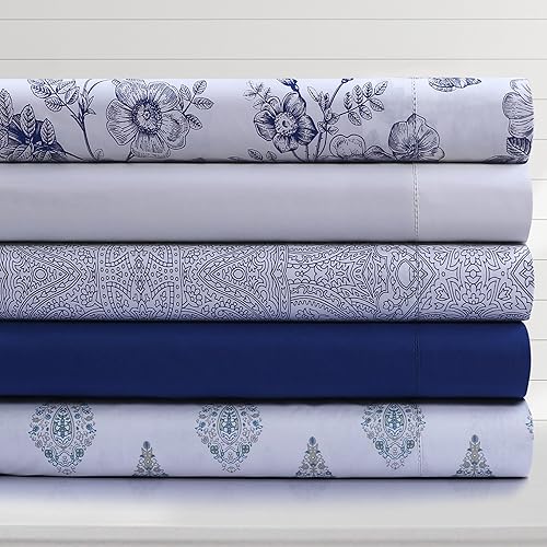 Miniatura 9 de Tribeca Living Juego de sábanas de percal de algodón tamaño individual XL, 300 hilos, estampado Emma floral gris