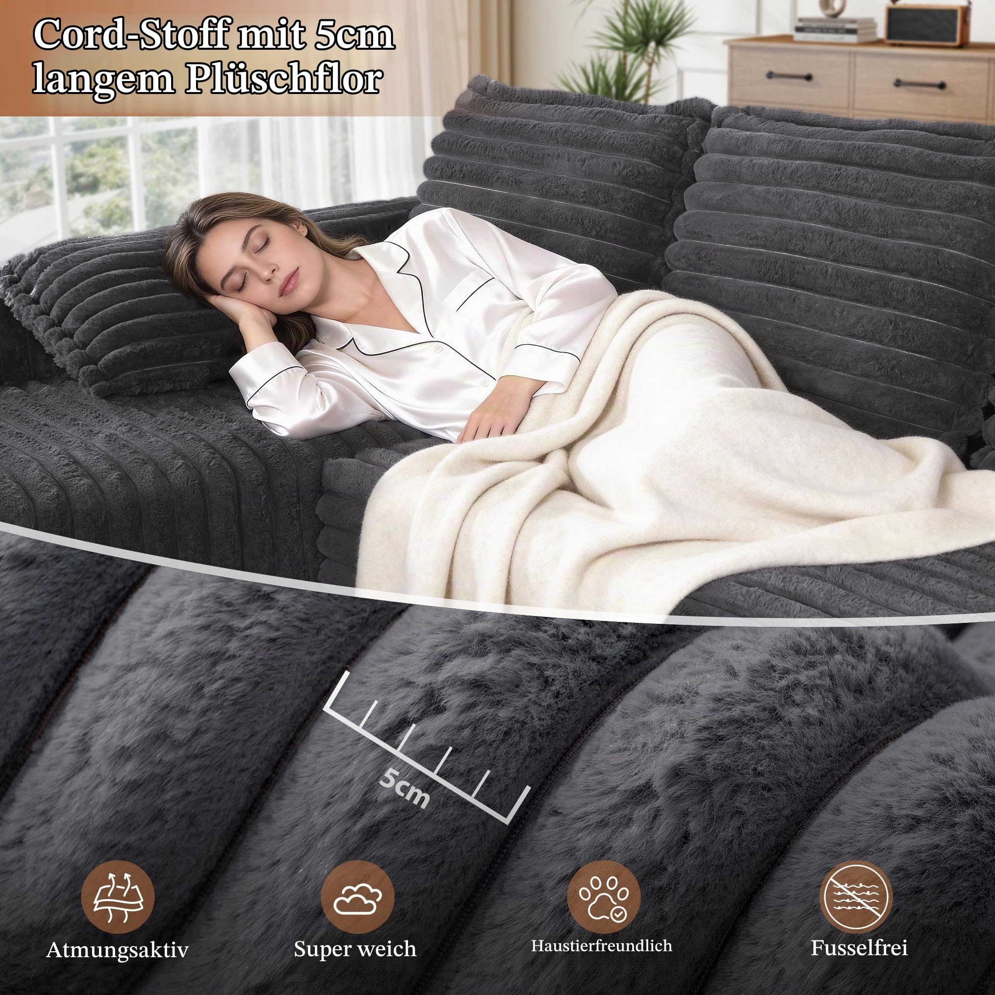 Sofa mit Schlaffunktion 280cm Breit L-förm Ecksofa mit Corduroy Fabric Modulares Cloud-Sofa mit 5 Kissen Boneless Couch mit USB-Ladeanschluss Schlafsofa für Schlafzimmer, Wohnzimmer (Grau)