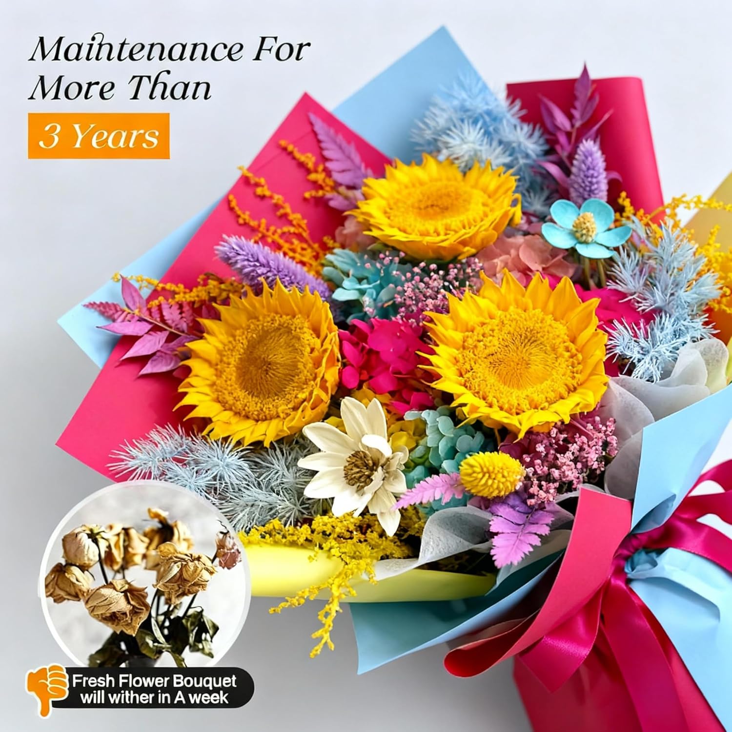 Preserved Sunflower Bouquet with Vase - Real Forever Flowers Gift for Mom, Wife, Women | 3-Year Lasting Floral Arrangement for Birthday, Anniversary, Mother’s Day, Graduation, Sympathy - Image 3