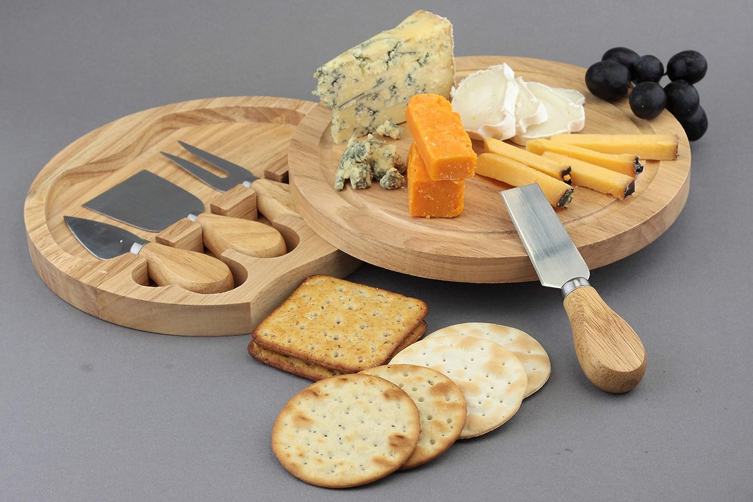 APOLLO THE HOUSEWARES BRAND Cheese Board Set - inc Hidden Knife Tray - Wooden Handle Knives & Fork - Quality Hevea Wood - Size 21x3.5cm, Multicolour (1974)